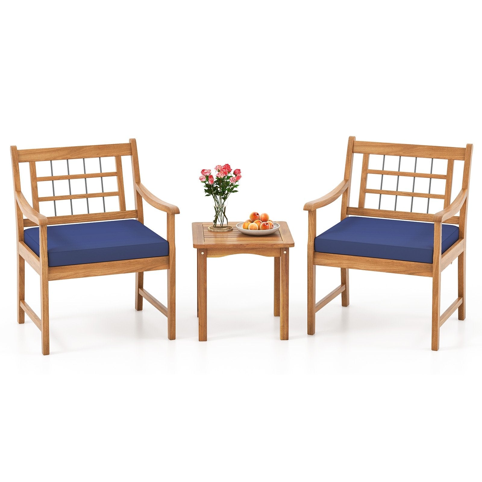 3 Piece Wood Patio Furniture Set with Seat Cushions and Acacia Wood Frame-Gray