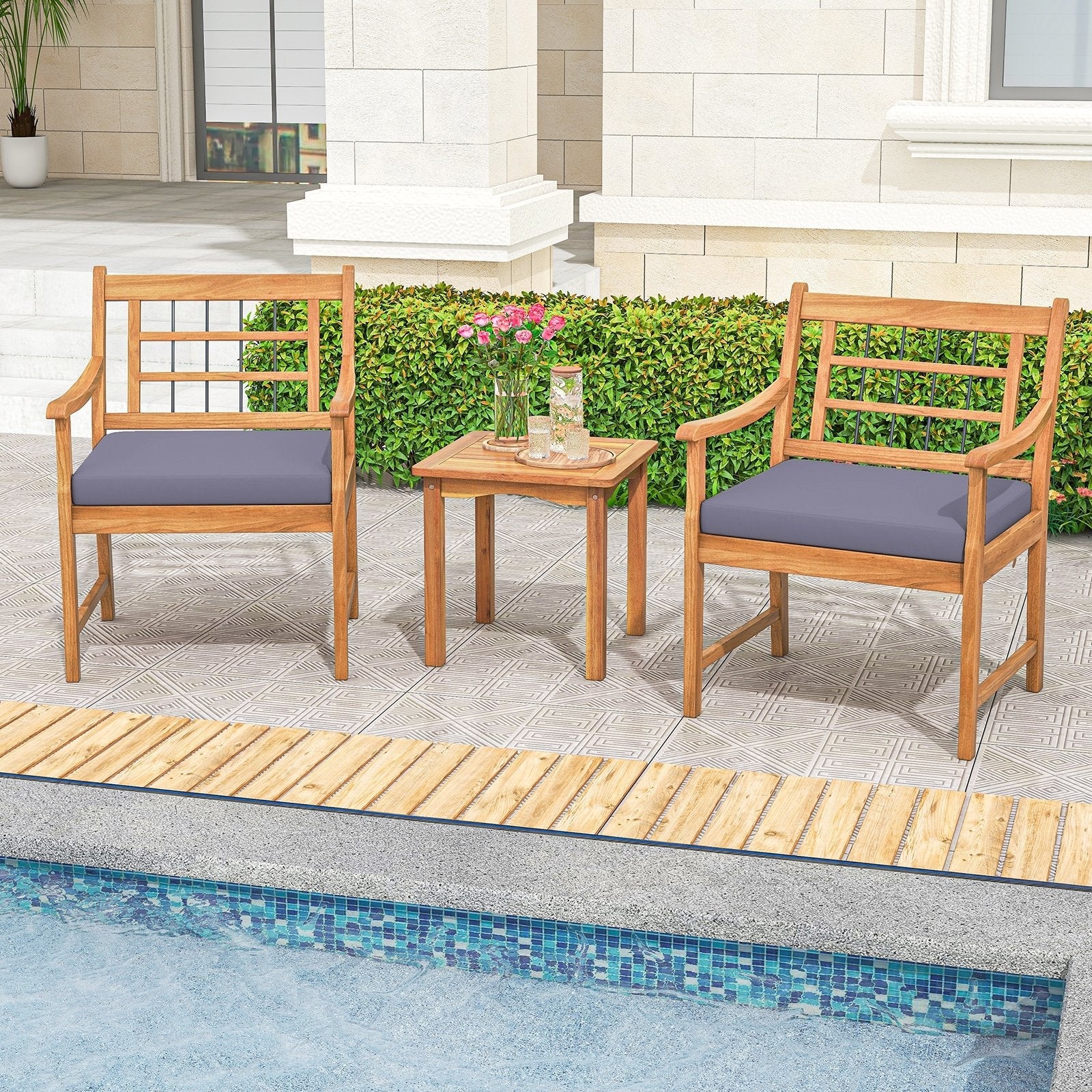 3 Piece Wood Patio Furniture Set with Seat Cushions and Acacia Wood Frame-Gray