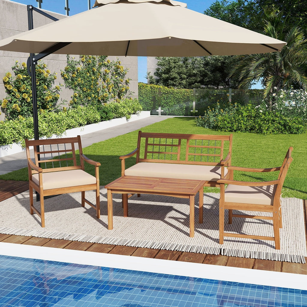 4 Piece Wood Patio Furniture with Armchairs Loveseat and Coffee Table-Gray