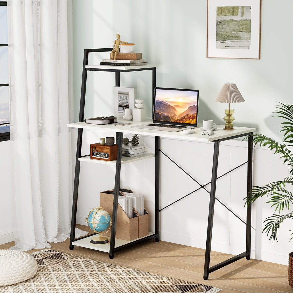 Computer Desk with Shelves and 3-Tier Storage Bookshelf-Brown