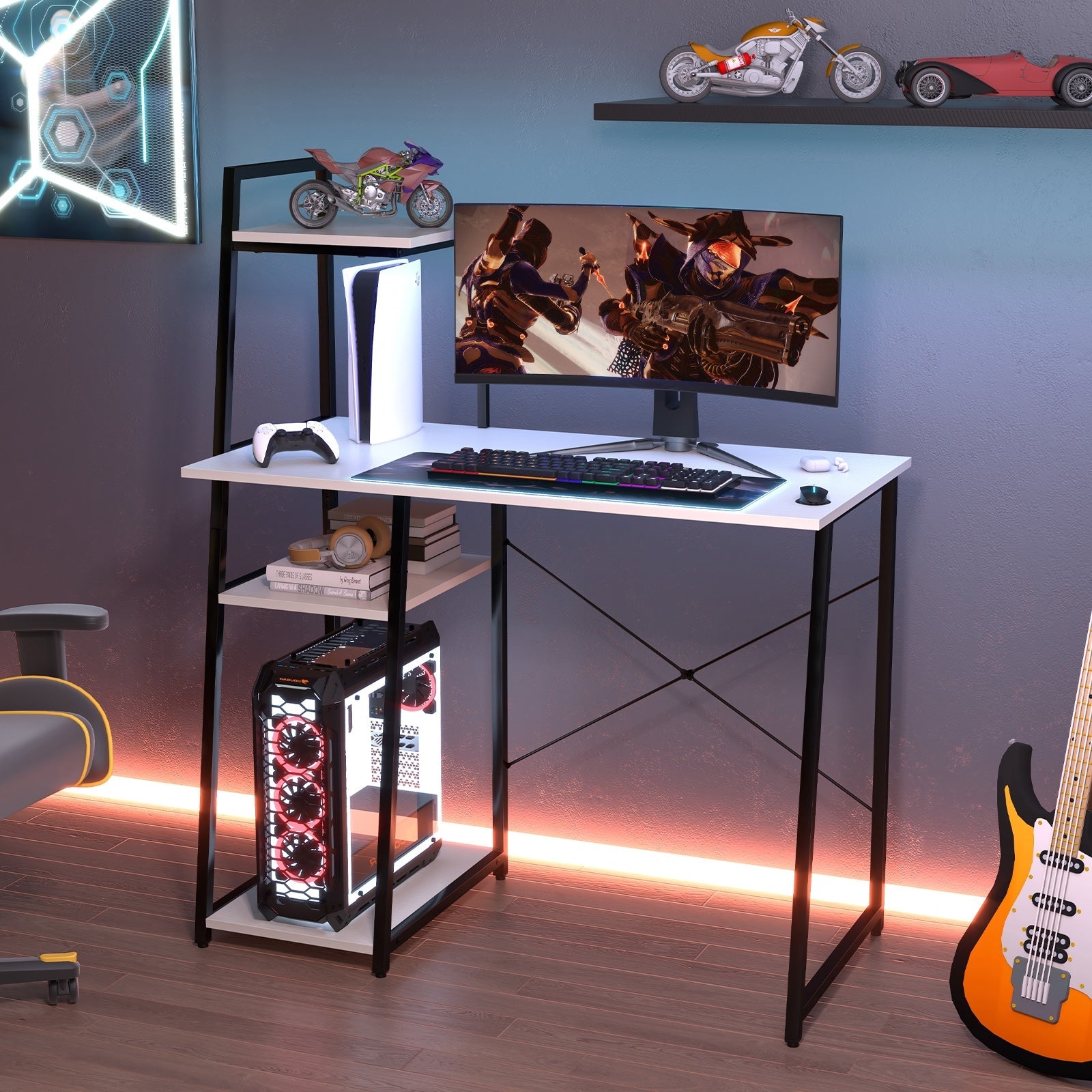 Computer Desk with Shelves and 3-Tier Storage Bookshelf-Brown