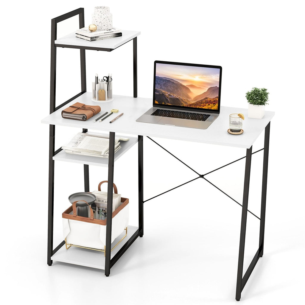 Computer Desk with Shelves and 3-Tier Storage Bookshelf-Brown