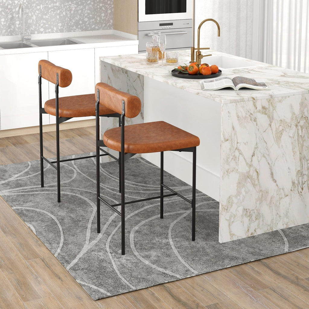 20 Inch Upholstered Bar Stools Set of 2 Counter Height Bar Chairs with  Backrest-Brown