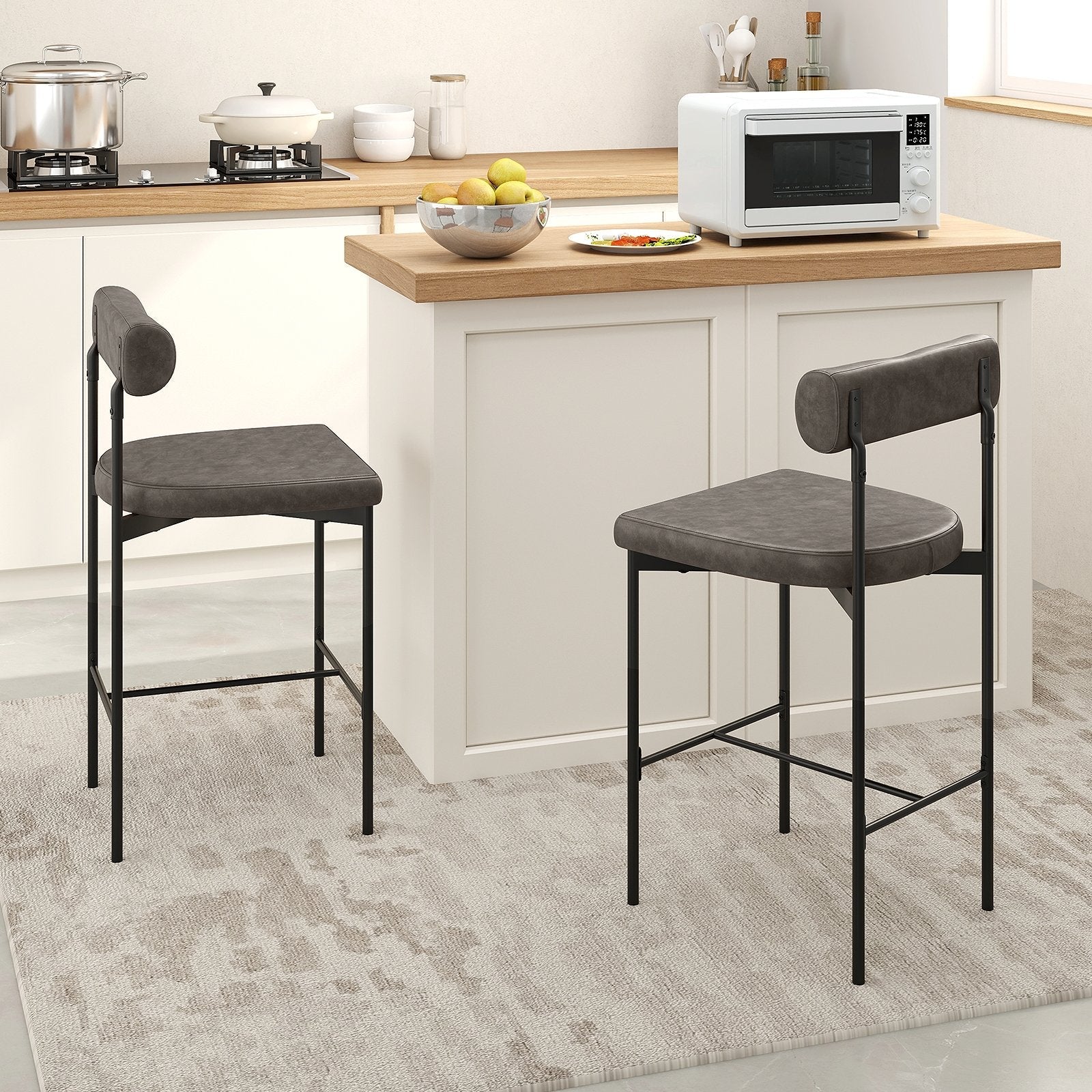 20 Inch Upholstered Bar Stools Set of 2 Counter Height Bar Chairs with  Backrest-Brown