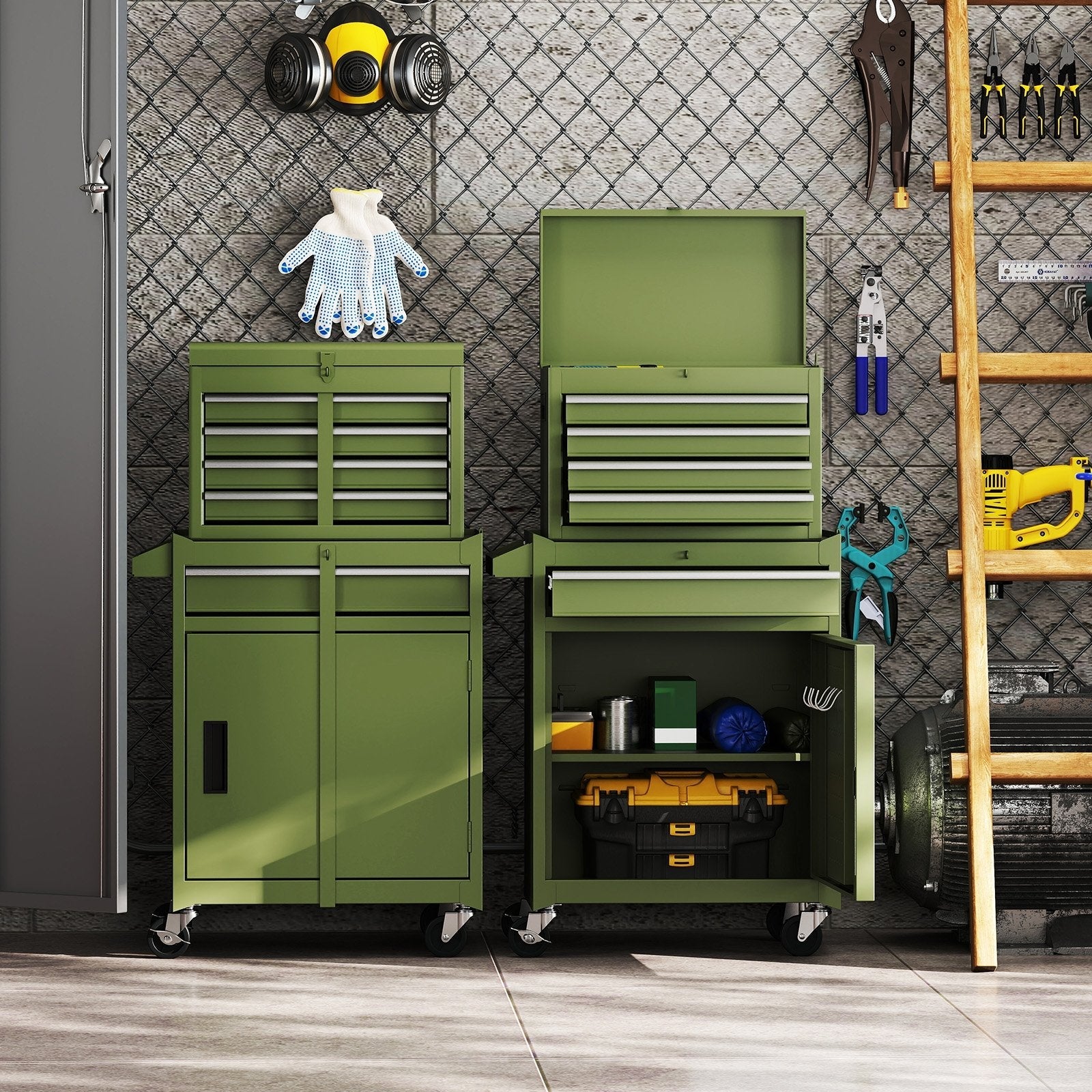 2-in-1 Tool Chest and Cabinet with 5 Sliding Drawers-Black