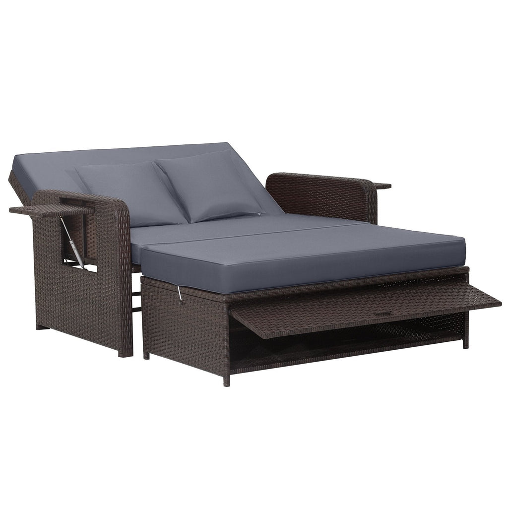 Patio Rattan Daybed with 4-Level Adjustable Backrest and Retractable Side Tray-Black