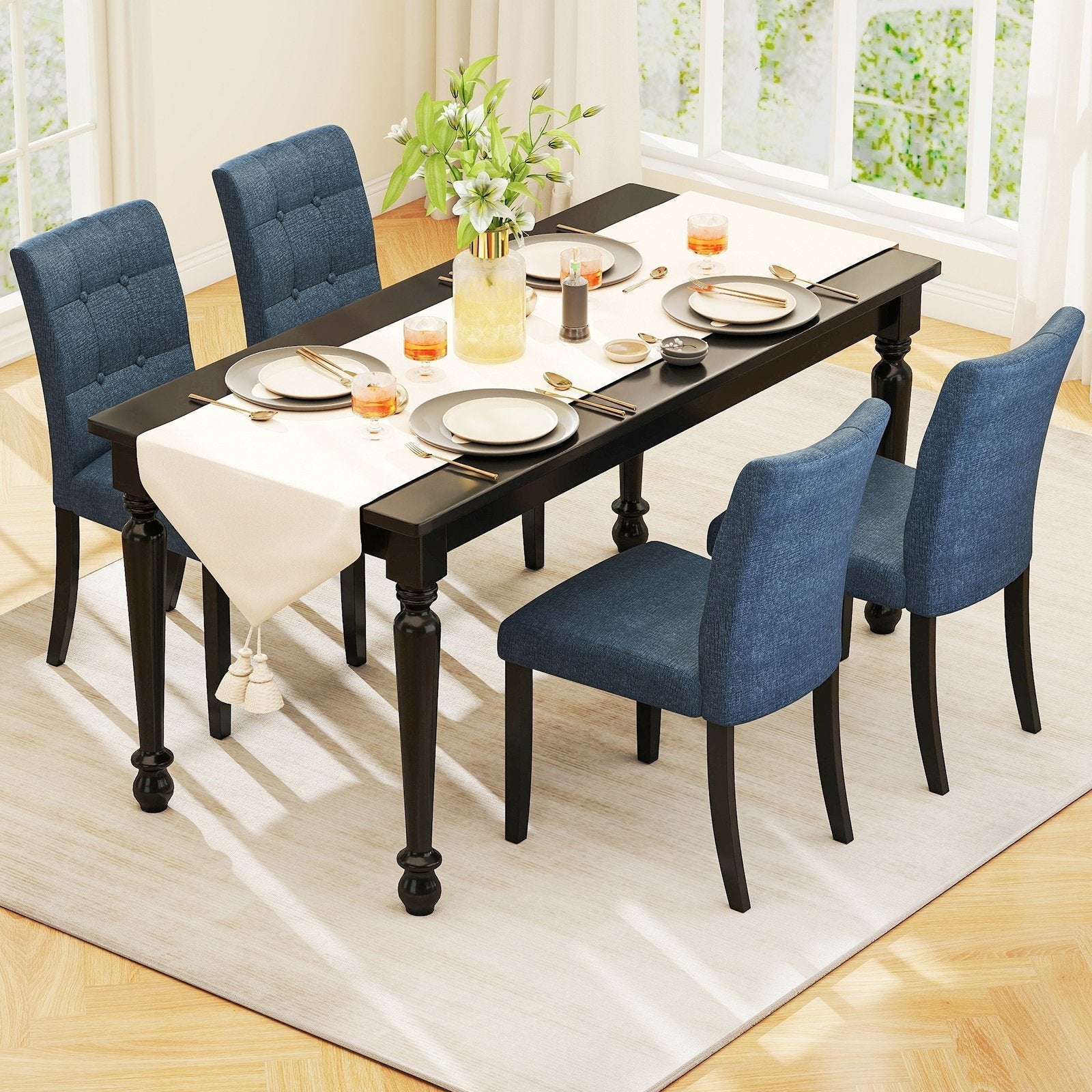 Set of 2 Tufted Dining Chairs Armless with Rubber Wood Legs-Dark Blue