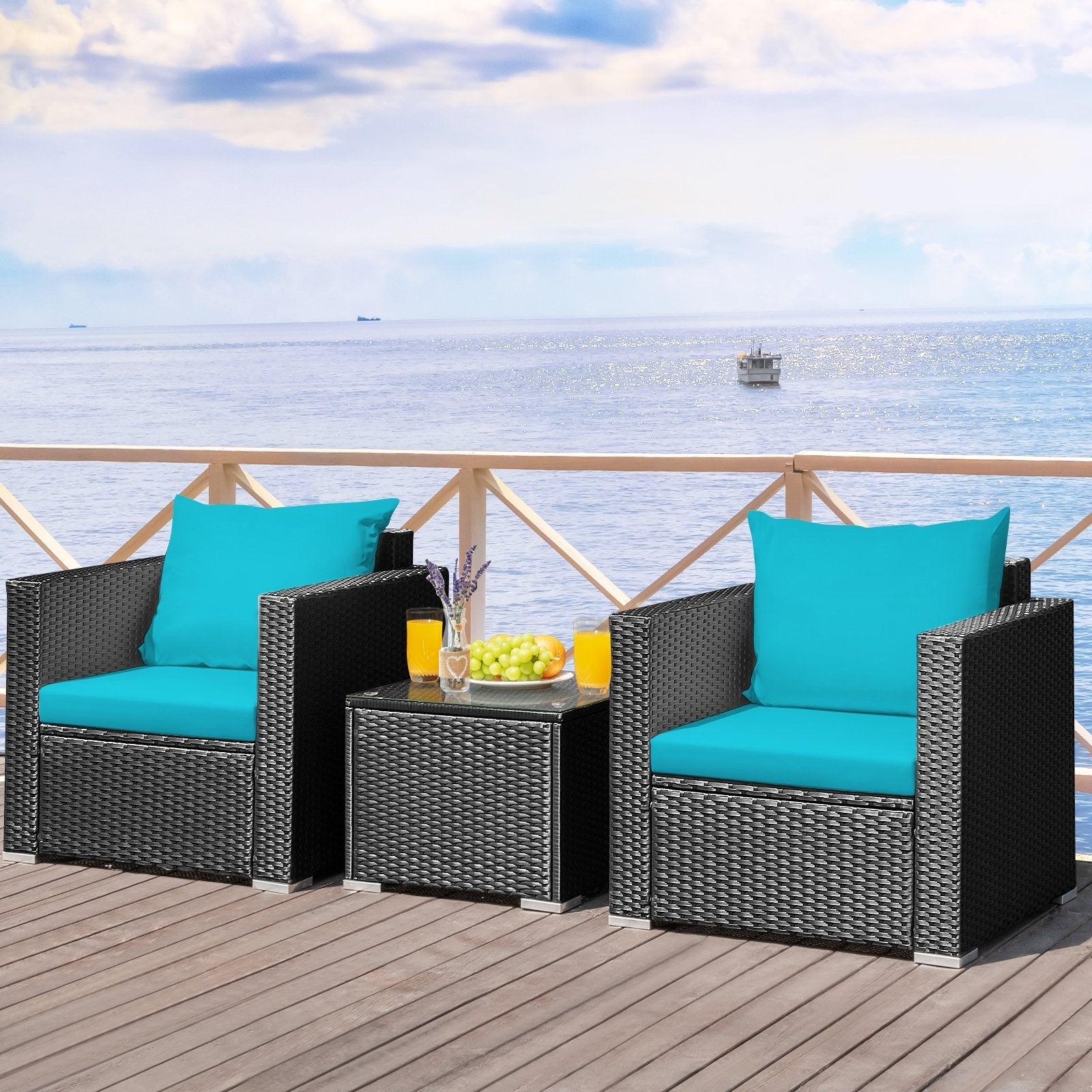 3 Pieces Patio Wicker Conversation Set with Cushion-Black
