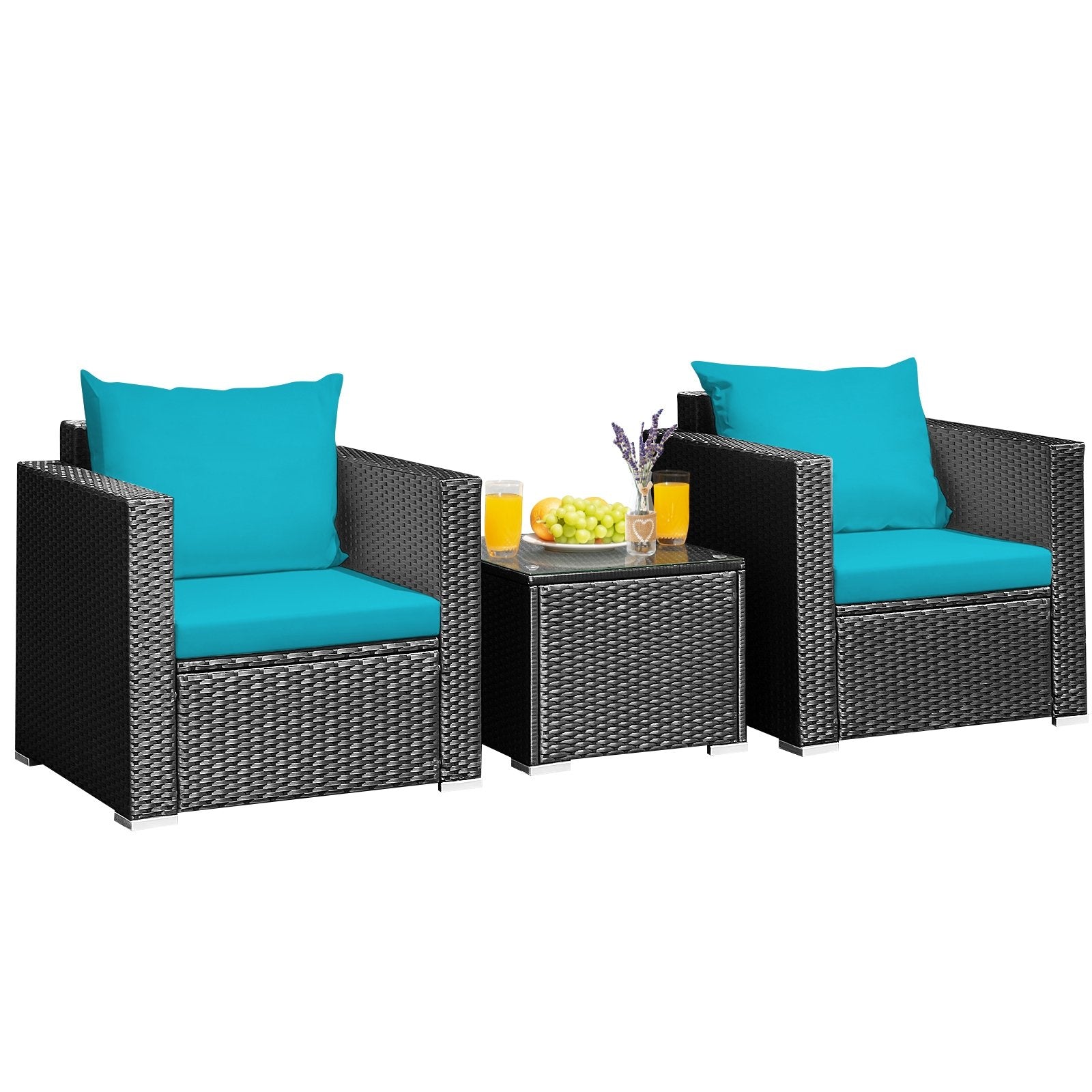 3 Pieces Patio Wicker Conversation Set with Cushion-Black