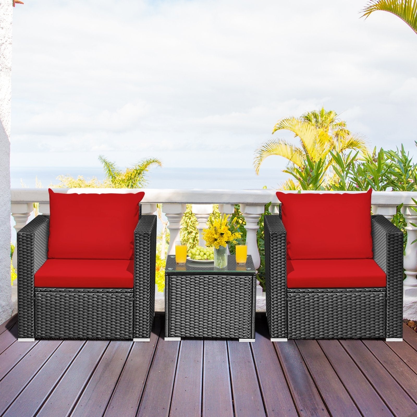 3 Pieces Patio Wicker Conversation Set with Cushion-Black