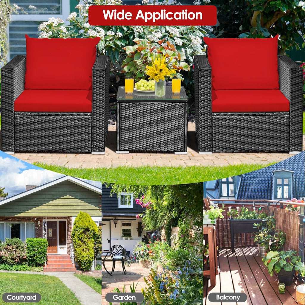 3 Pieces Patio Wicker Conversation Set with Cushion-Black