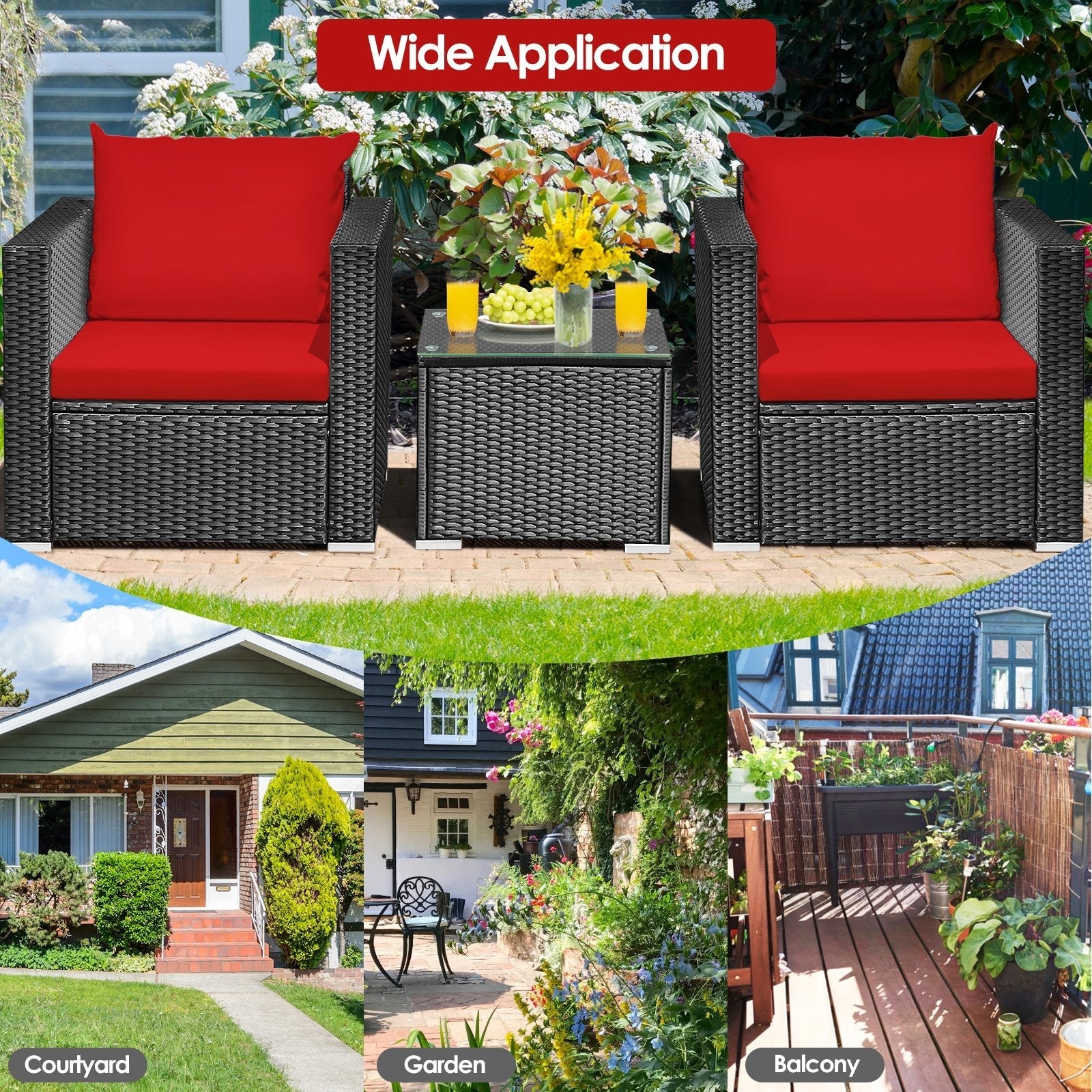 3 Pieces Patio Wicker Conversation Set with Cushion-Black