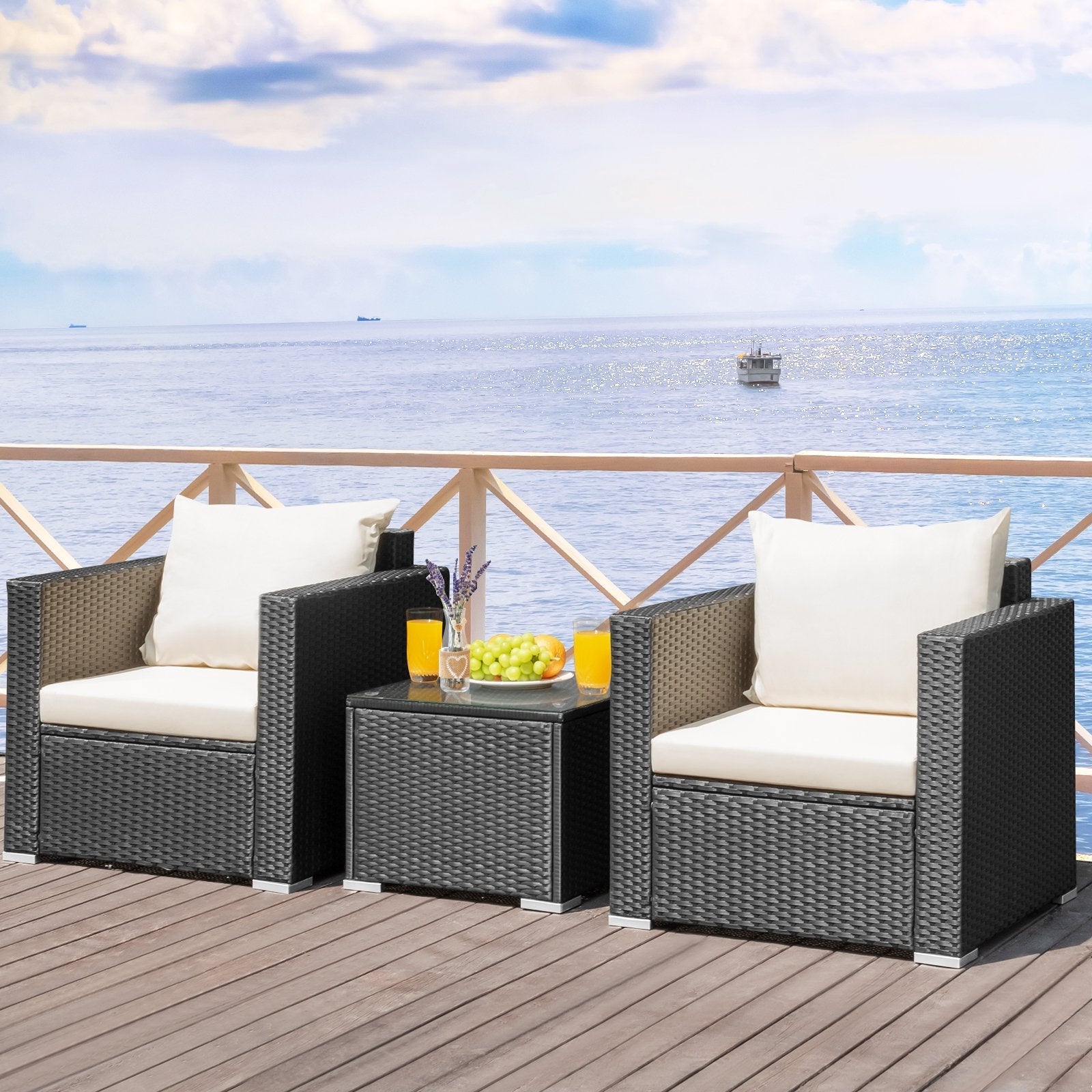 3 Pieces Patio Wicker Conversation Set with Cushion-Black
