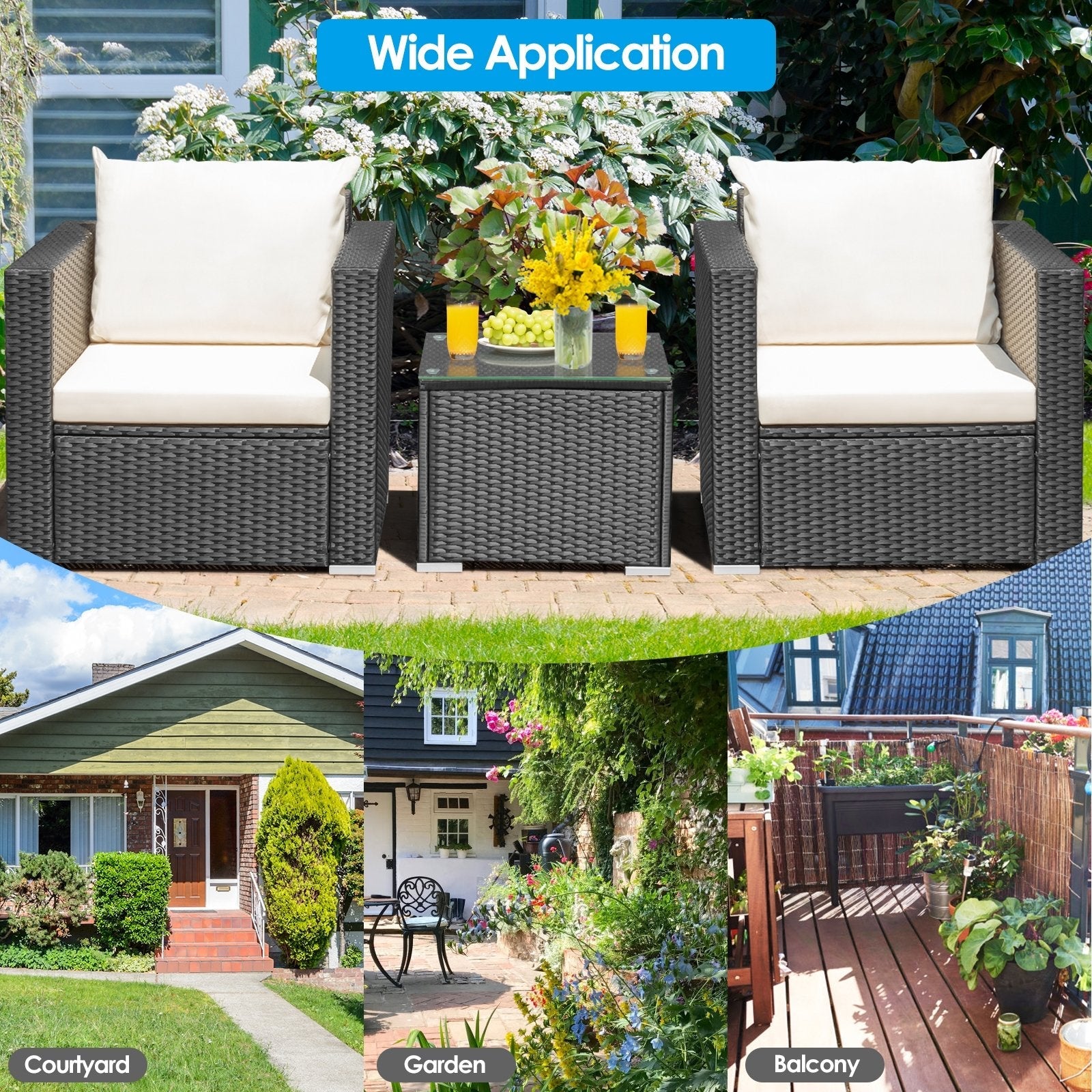 3 Pieces Patio Wicker Conversation Set with Cushion-Black