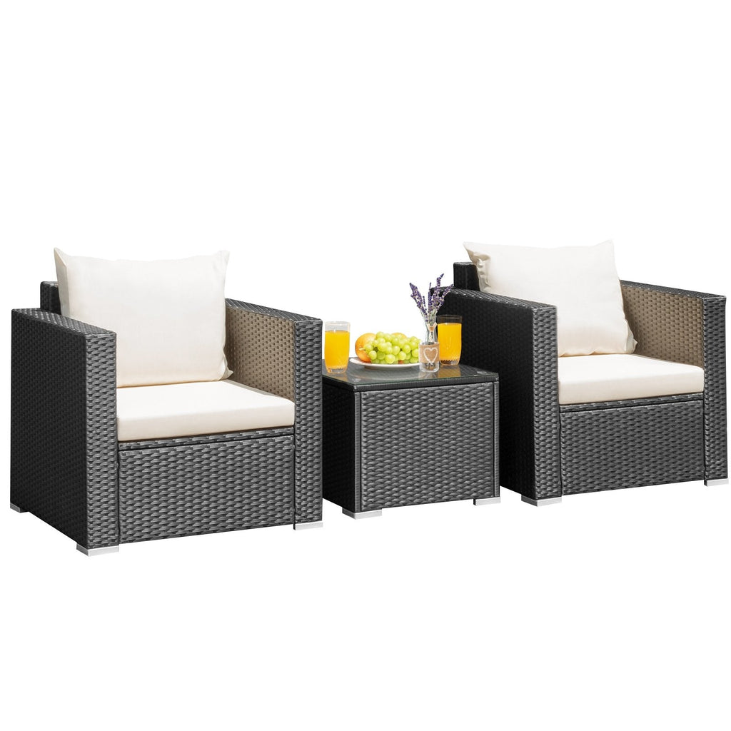3 Pieces Patio Wicker Conversation Set with Cushion-Black