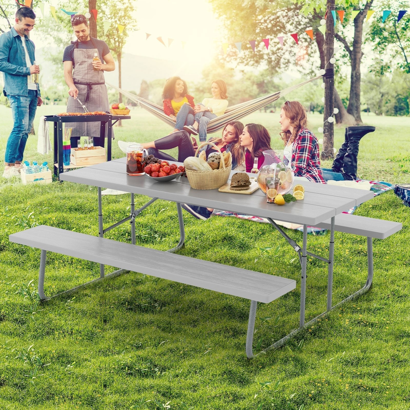 Folding Picnic Table Set with Metal Frame and All-Weather HDPE Tabletop  Umbrella Hole-Black