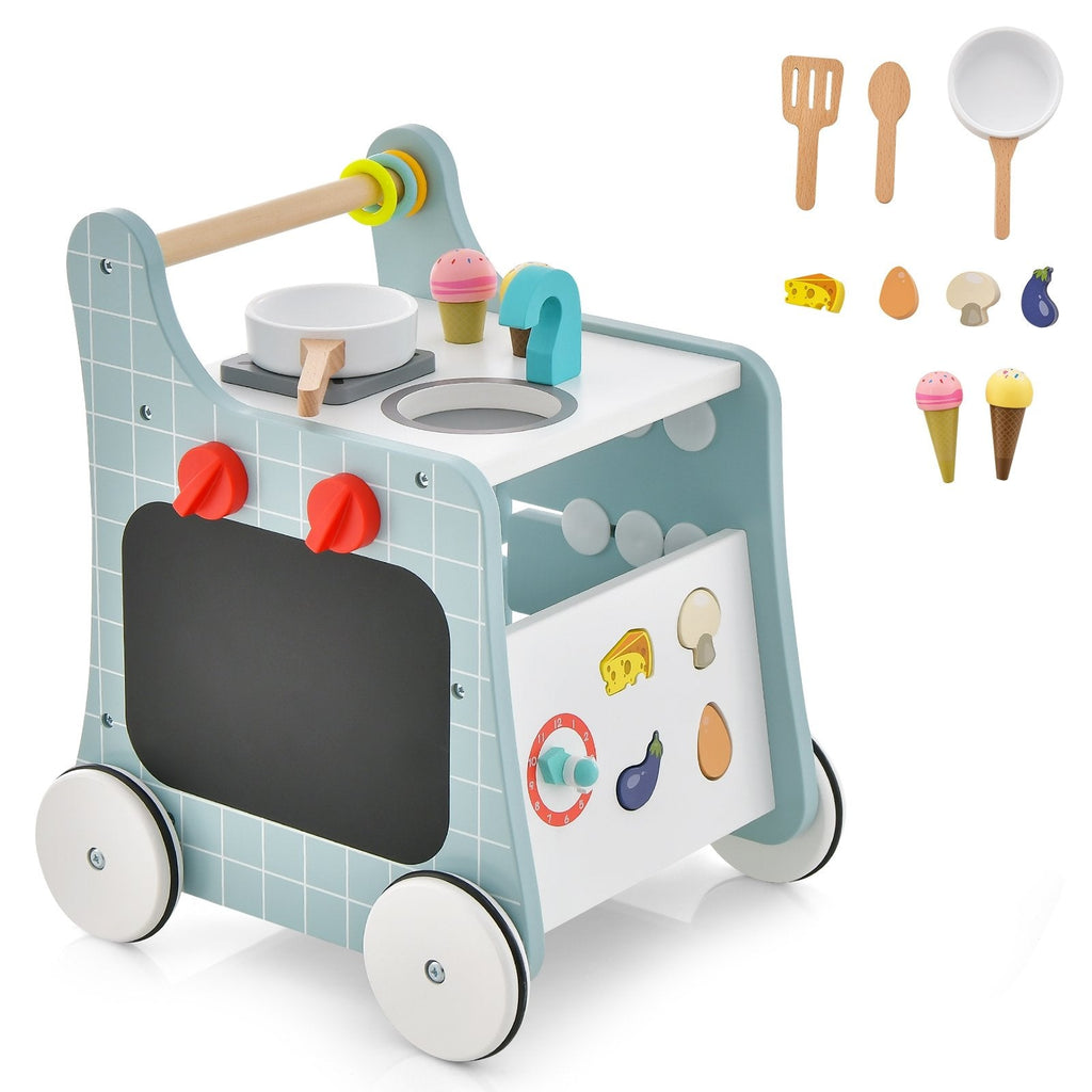 6-in-1 Wooden Baby Stroller with Play Kitchen for Kids Over 12 Months-Blue