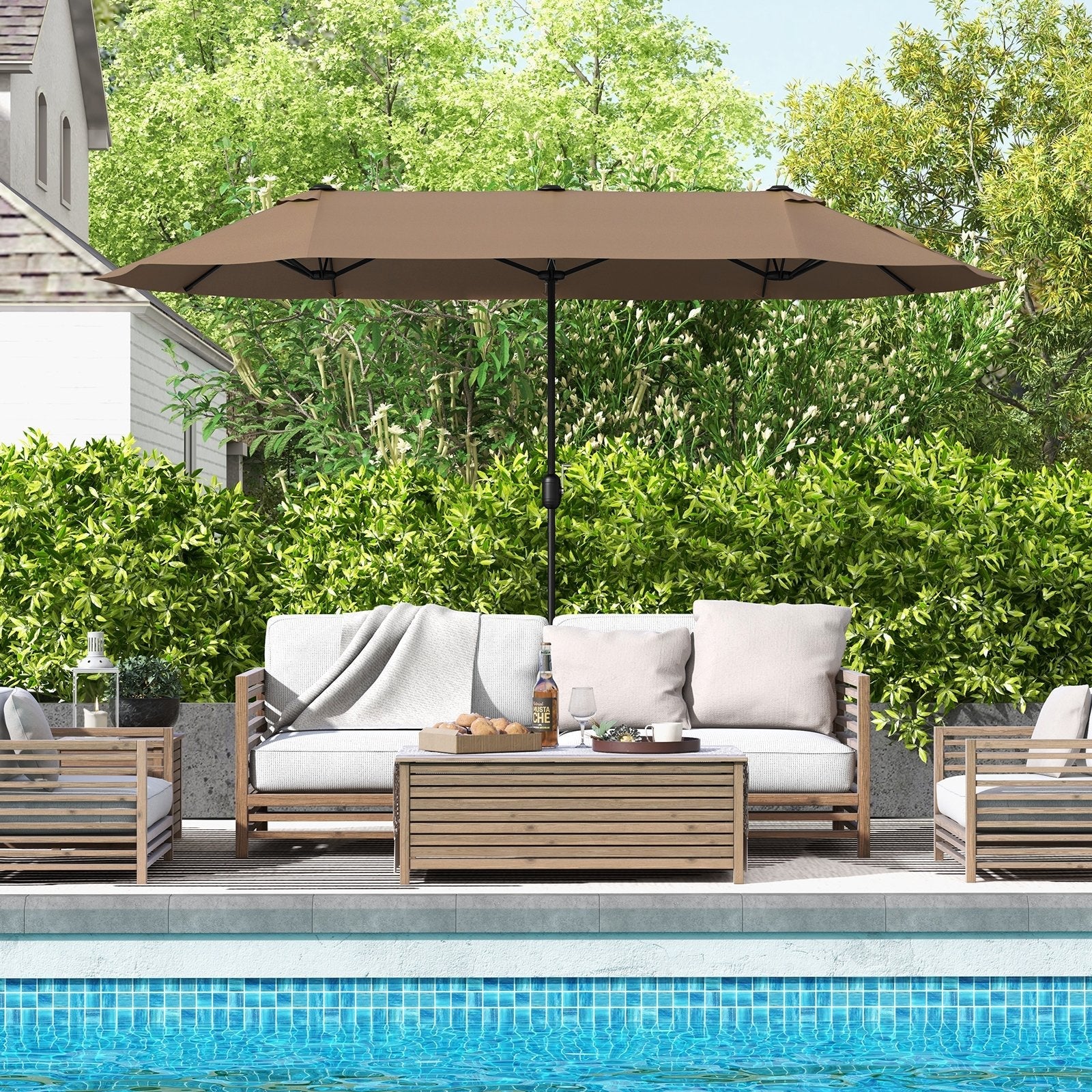 13 Feet Double-Sided Patio Twin Table Umbrella with Crank Handle-Beige
