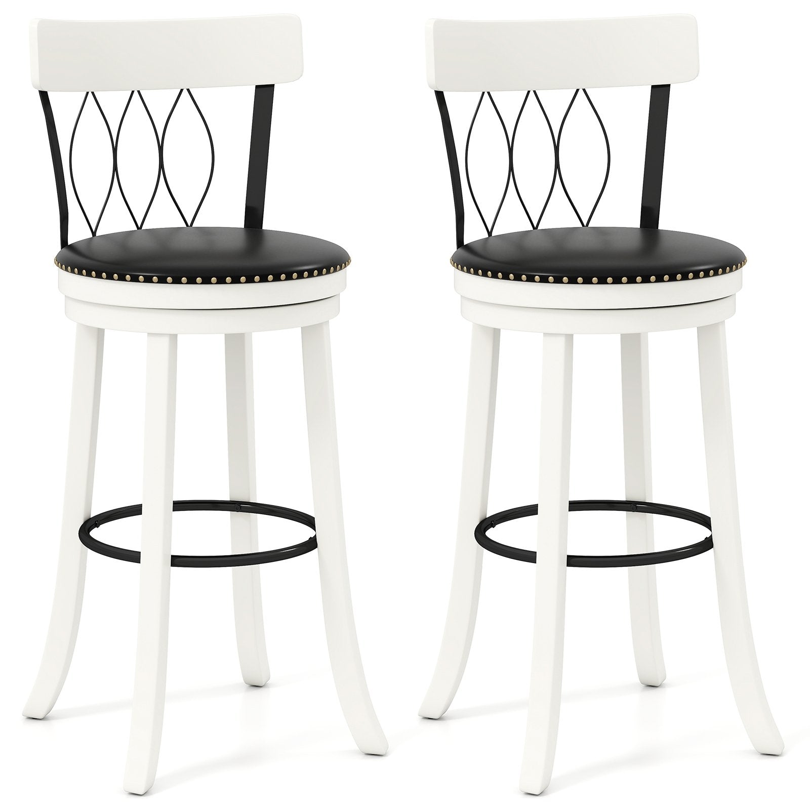 Set of 2 Bar Stools Swivel Bar Chairs with Footrest Rubber Wood Frame and Tufted Rivets-26 inches