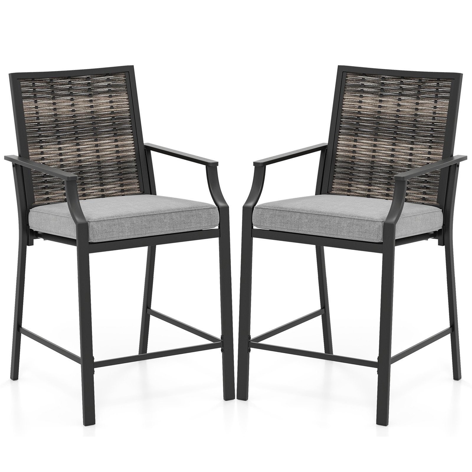 Patio Bar Stools Set of 2 Counter Height Rattan Bar Chairs with Armrest-Grey