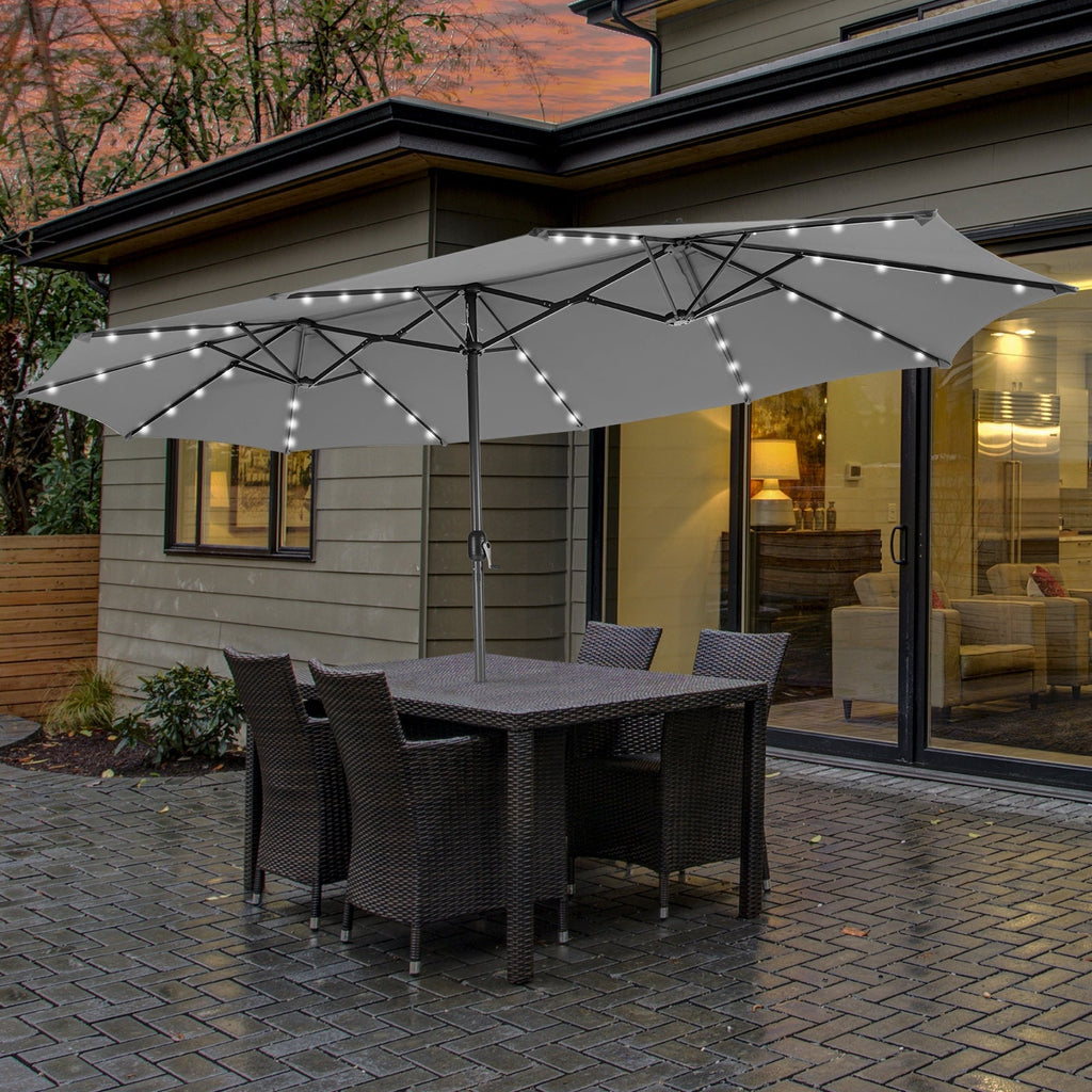 15 Feet Twin Patio Umbrella with 48 Solar LED Lights-Beige
