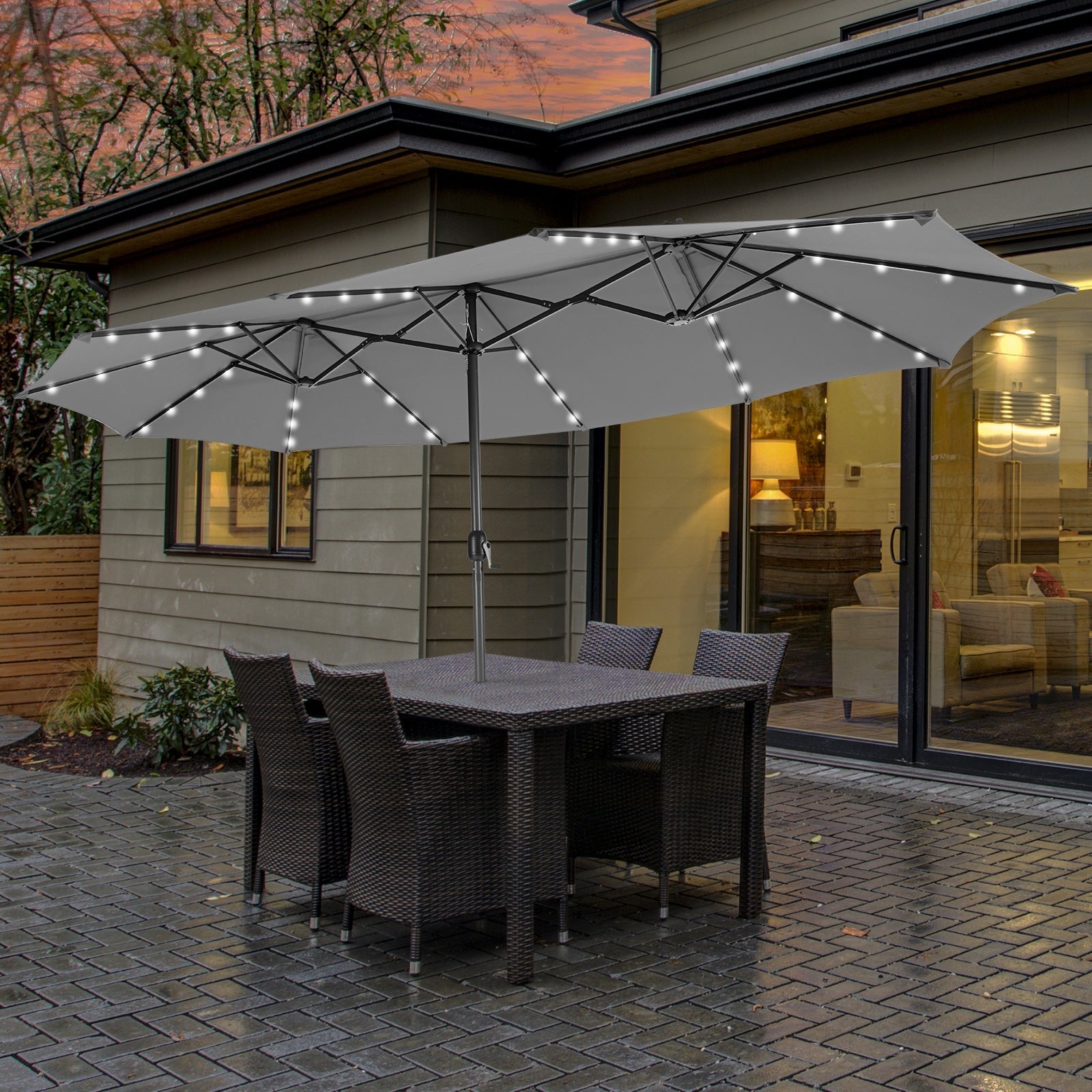 15 Feet Twin Patio Umbrella with 48 Solar LED Lights-Beige