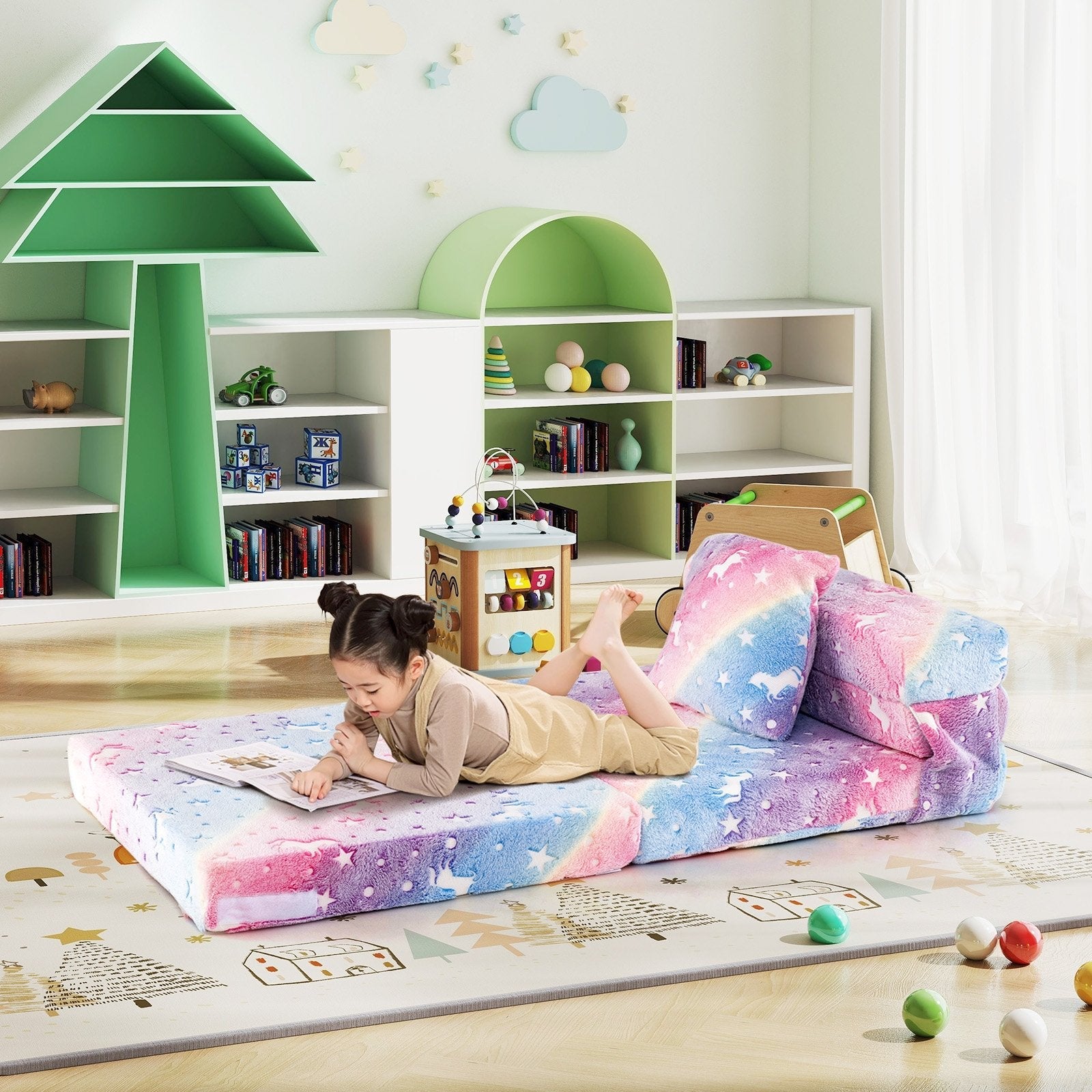 Kids Folding Sofa Bed Floor Mattress Glow in the Dark with Pillow-Gray