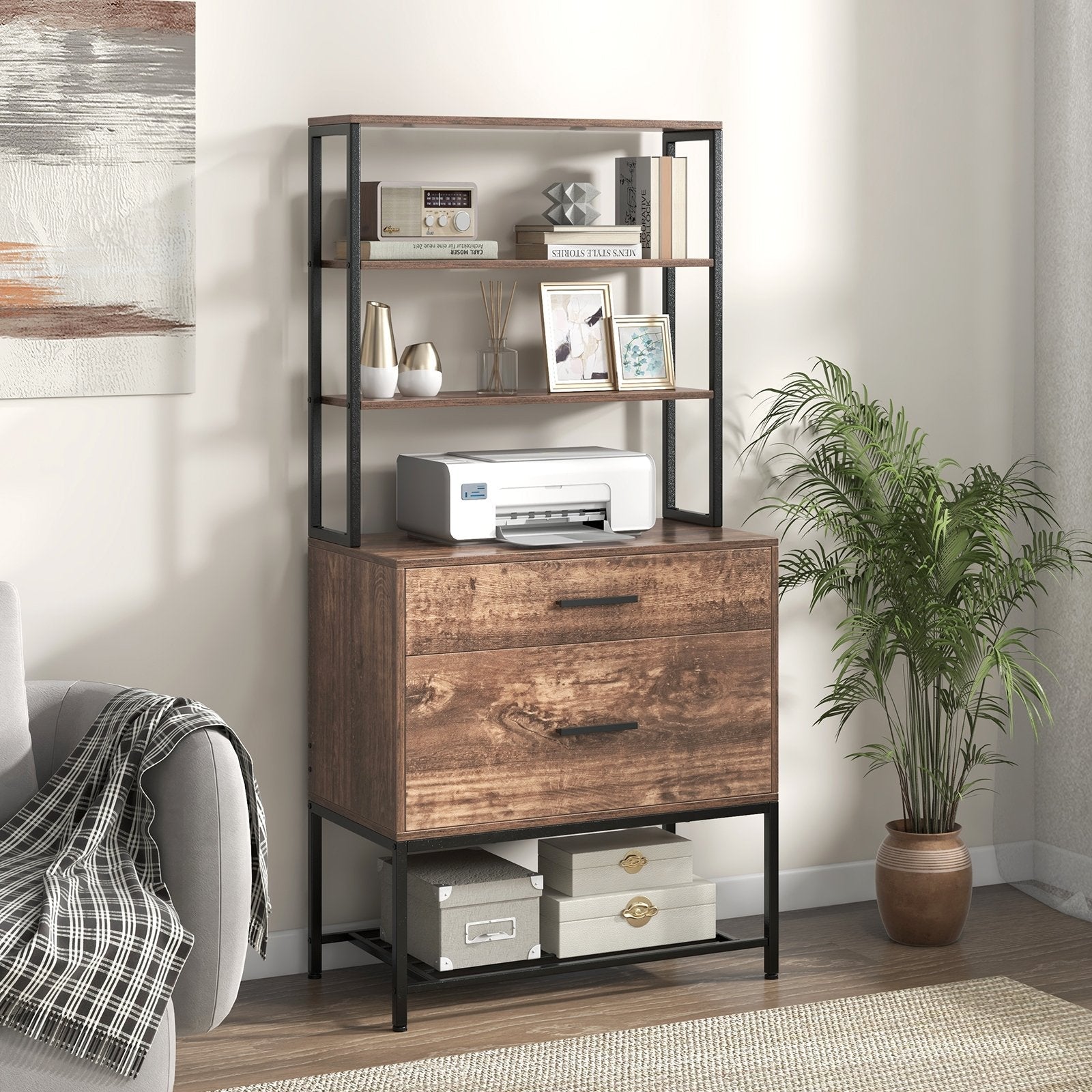 Freestanding File Cabinet with Charging Station and 3-Tier Open Shelves-Gray