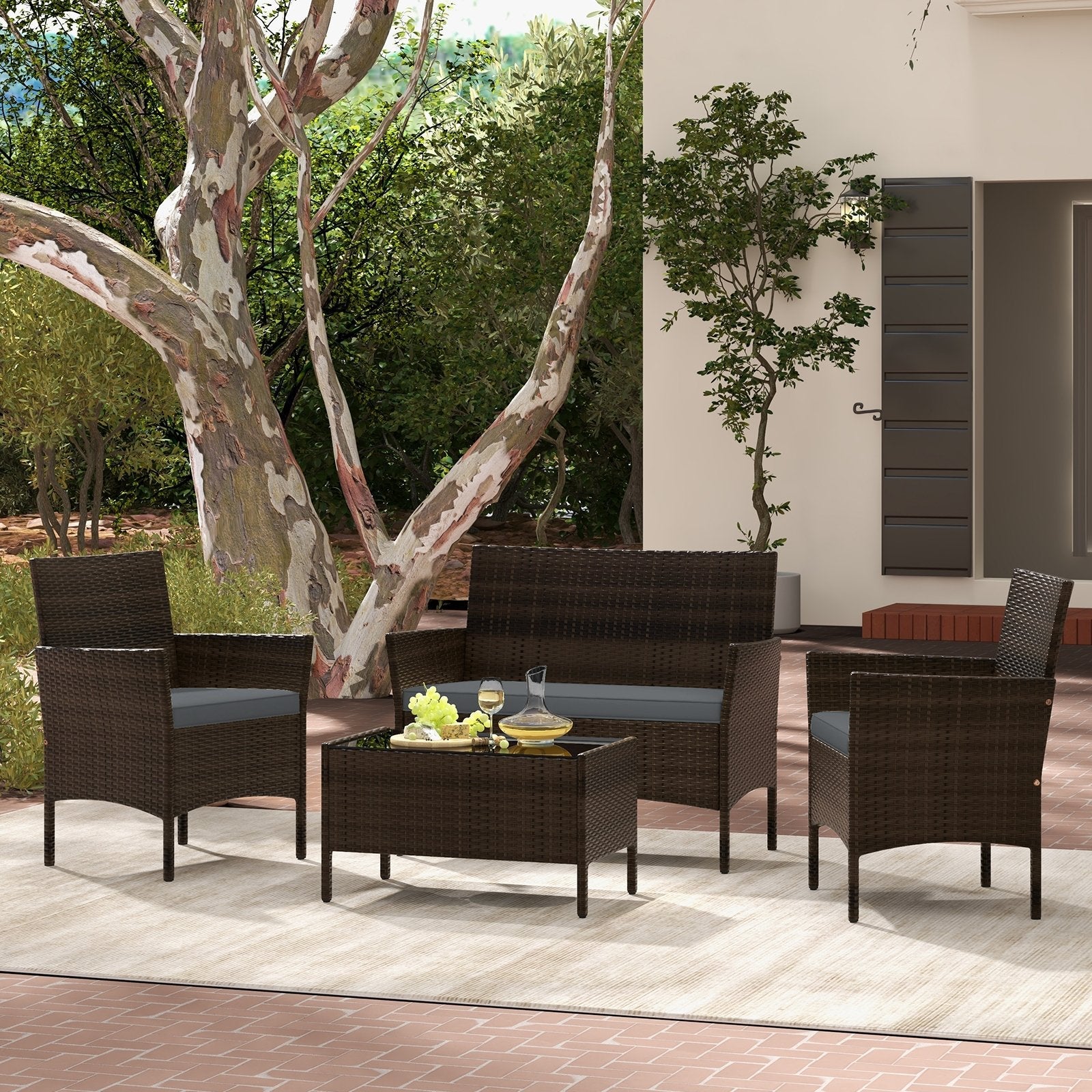 4 Piece Patio Rattan Conversation Set with Cozy Seat Cushions-Black