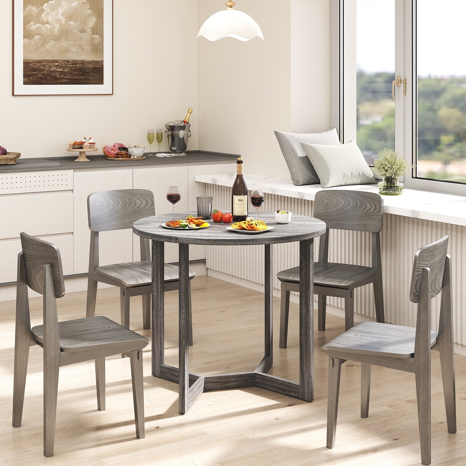 36 Inch Round Wood Dining Table for 2-4 People with Wing-shaped Pedestal Base-Black