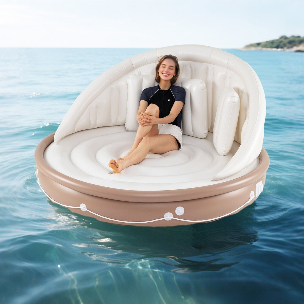 Inflatable Canopy Island Tanning Pool Lounger Float with Retractable Canopy
