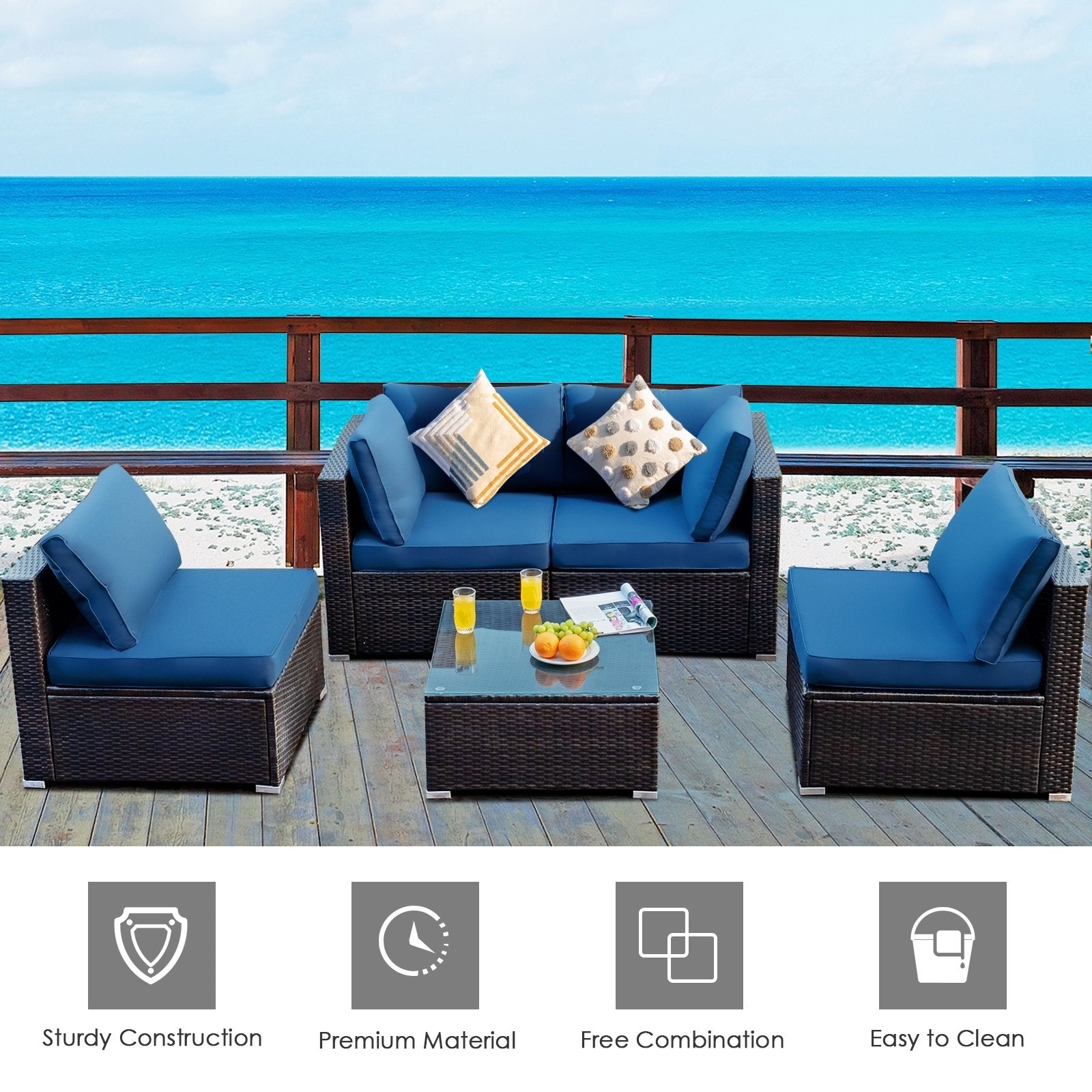 5 Pieces Cushioned Patio Rattan Furniture Set with Glass Table-Black