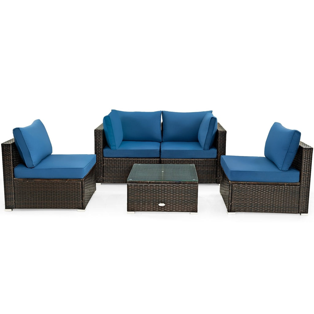 5 Pieces Cushioned Patio Rattan Furniture Set with Glass Table-Black