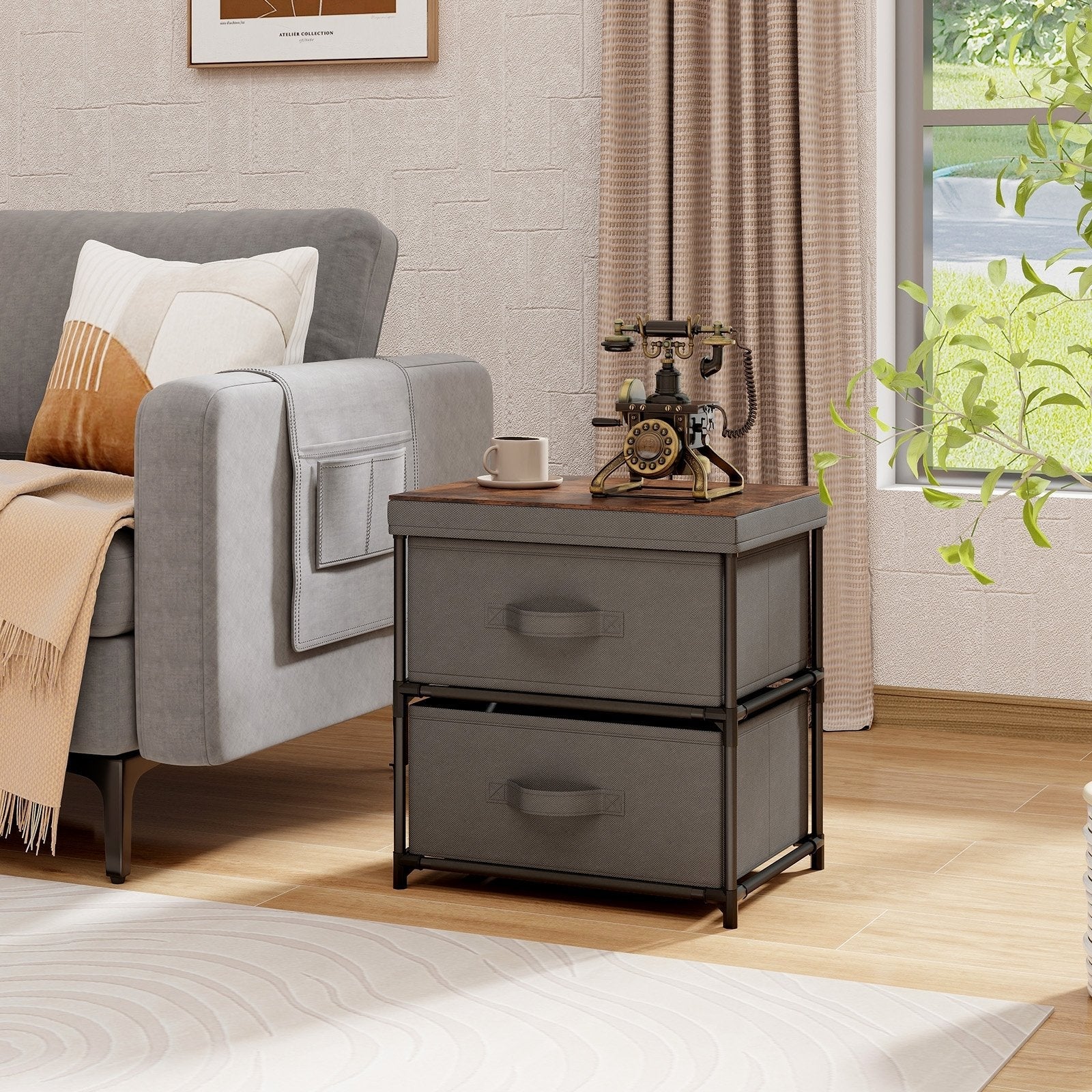 2-Drawer Nightstand with Removable Fabric Bins and Pull Handles-Black
