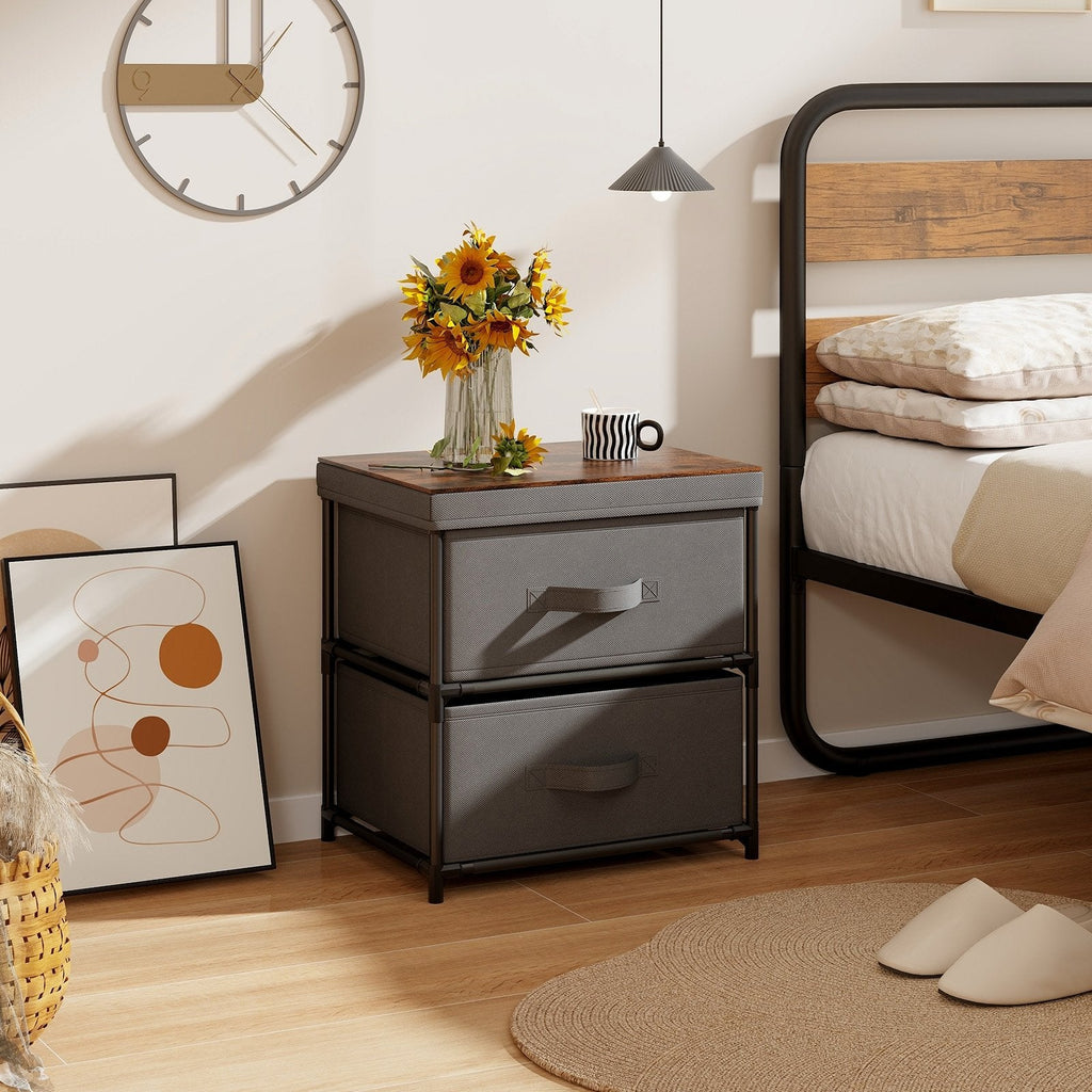 2-Drawer Nightstand with Removable Fabric Bins and Pull Handles-Black