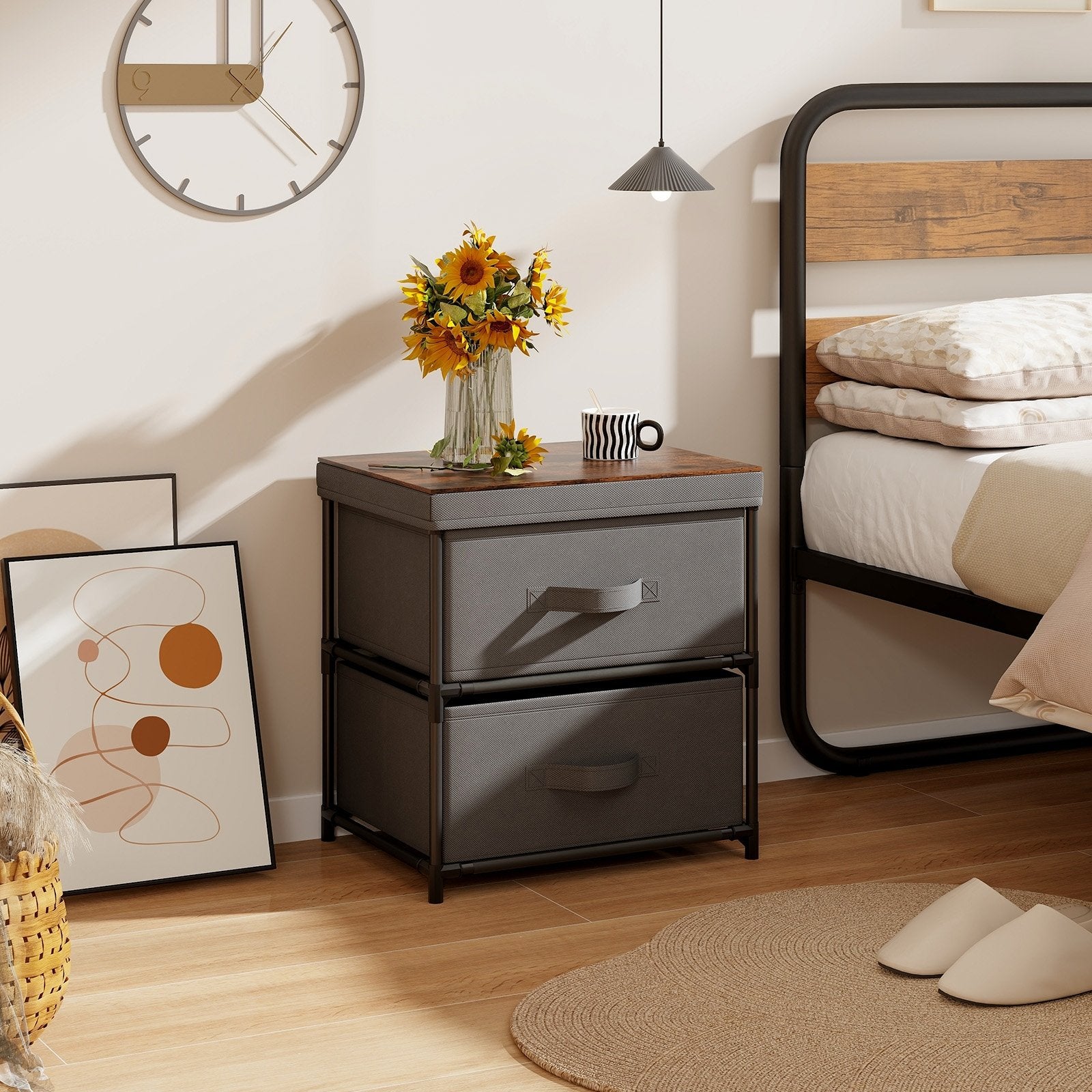 2-Drawer Nightstand with Removable Fabric Bins and Pull Handles-Black