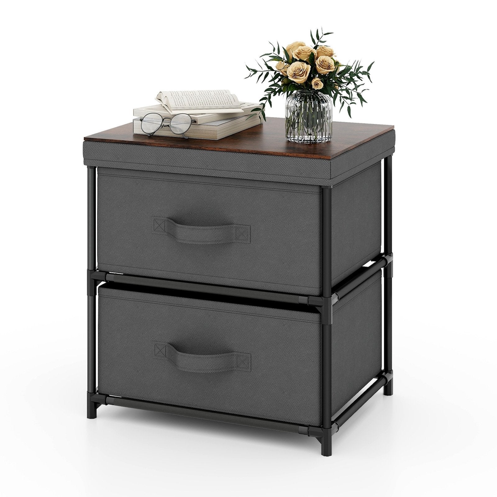 2-Drawer Nightstand with Removable Fabric Bins and Pull Handles-Black