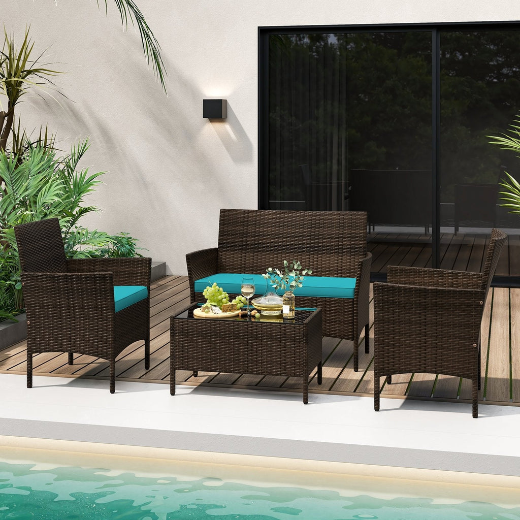4 Piece Patio Rattan Conversation Set with Cozy Seat Cushions-Black