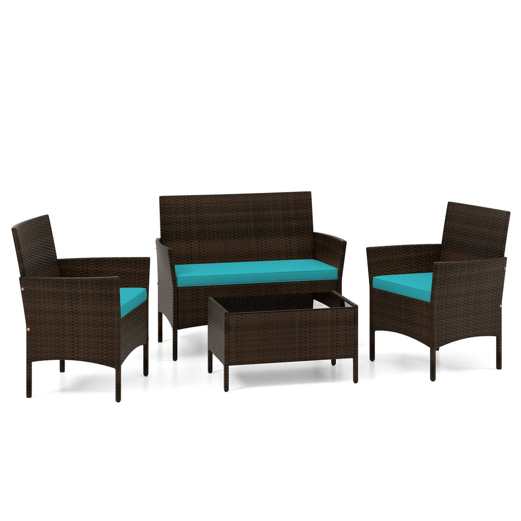 4 Piece Patio Rattan Conversation Set with Cozy Seat Cushions-Black