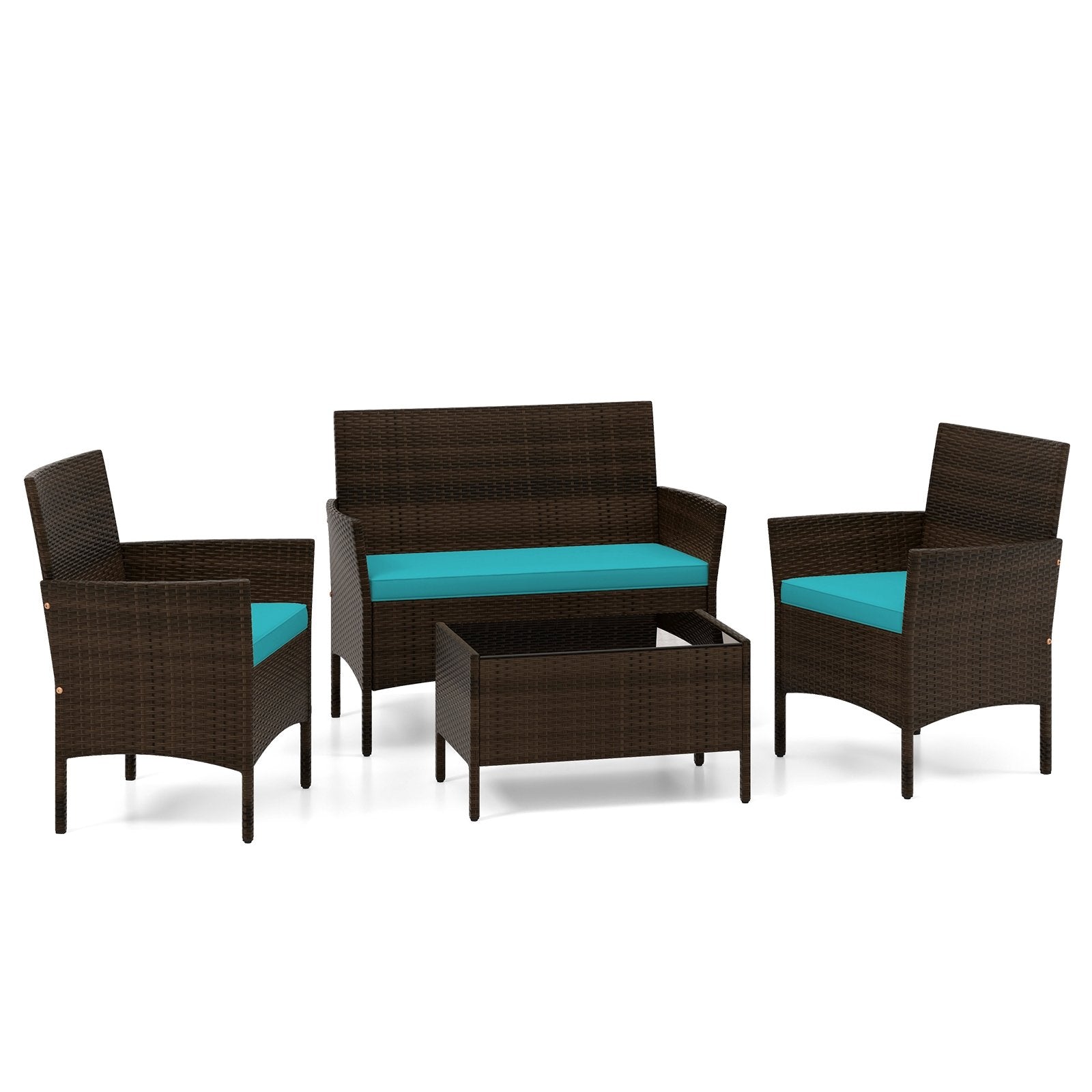 4 Piece Patio Rattan Conversation Set with Cozy Seat Cushions-Black
