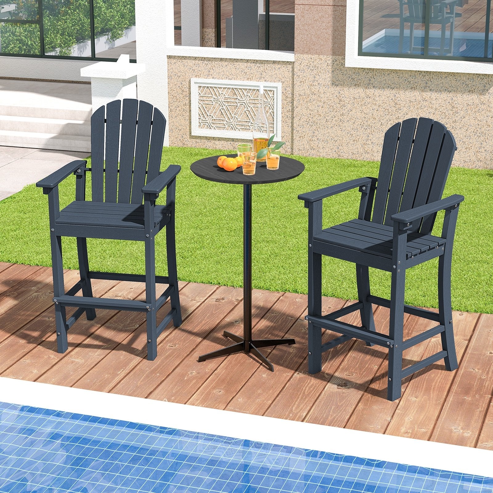 Set of 2 Counter Height Outdoor HDPE Bar Stool with Armrests and Footrest-Black