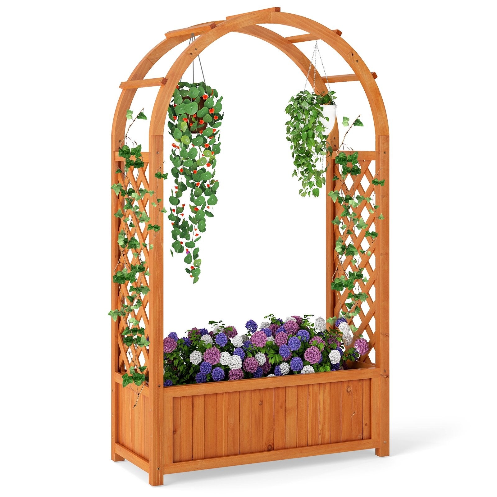 Raised Garden Bed with Lattice Trellis Ached Roof Wooden Elevated Planter Box-Brown