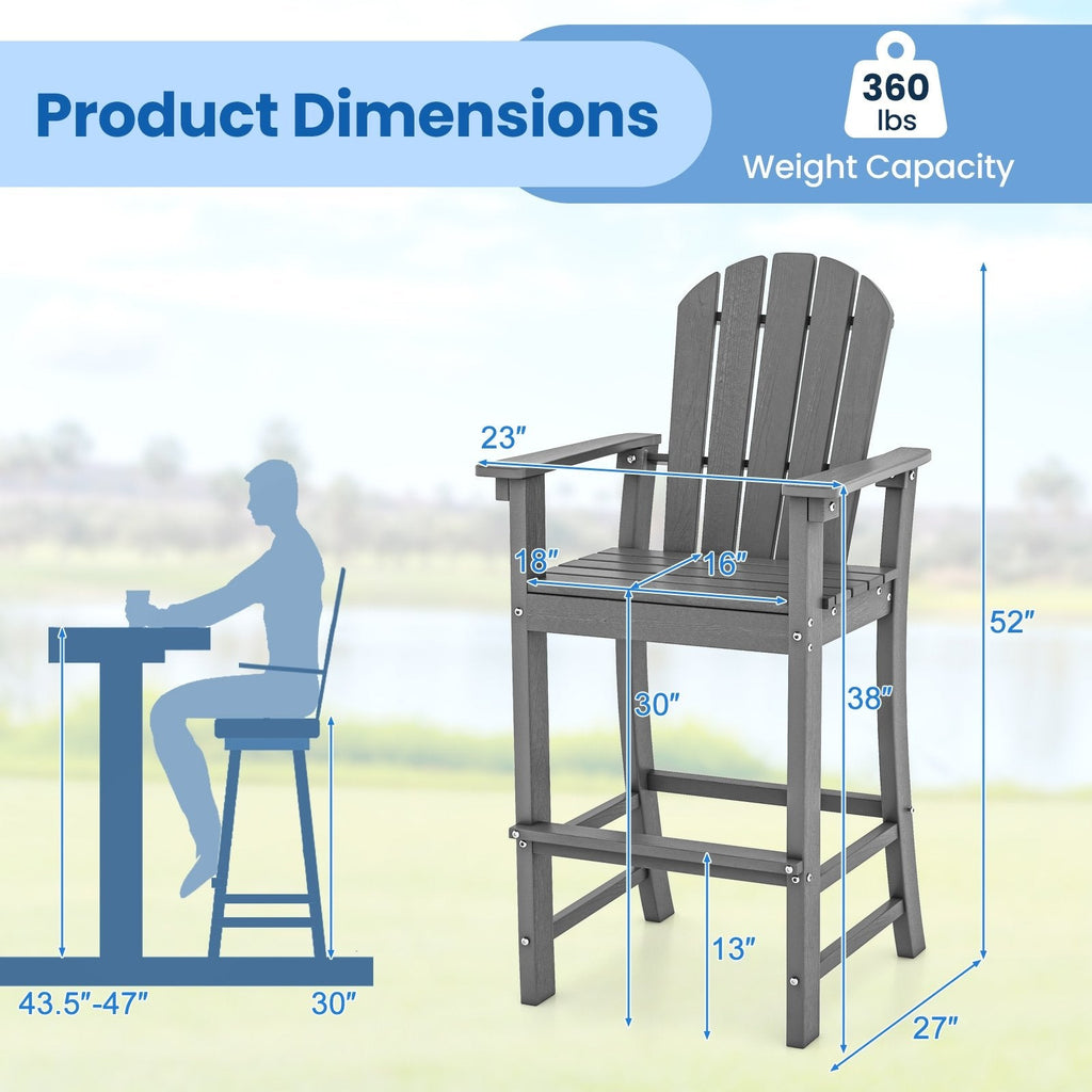 Set of 2 Counter Height Outdoor HDPE Bar Stool with Armrests and Footrest-Black