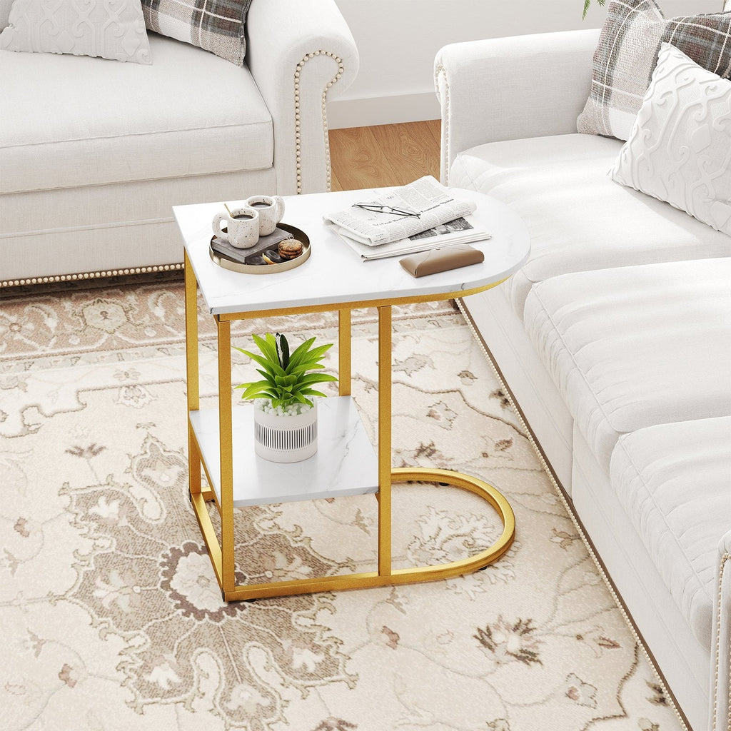 C-shaped Modern Sofa Side Table with Faux Marble Tabletop and Storage Shelf-Black