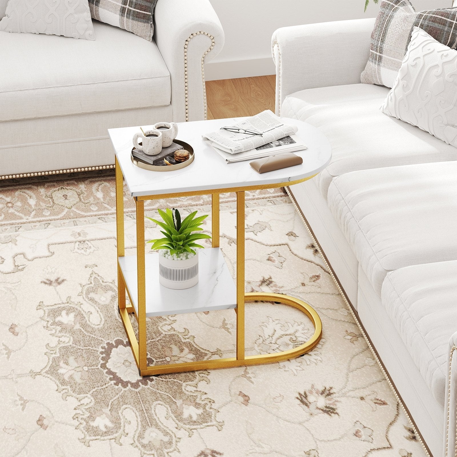 C-shaped Modern Sofa Side Table with Faux Marble Tabletop and Storage Shelf-Black