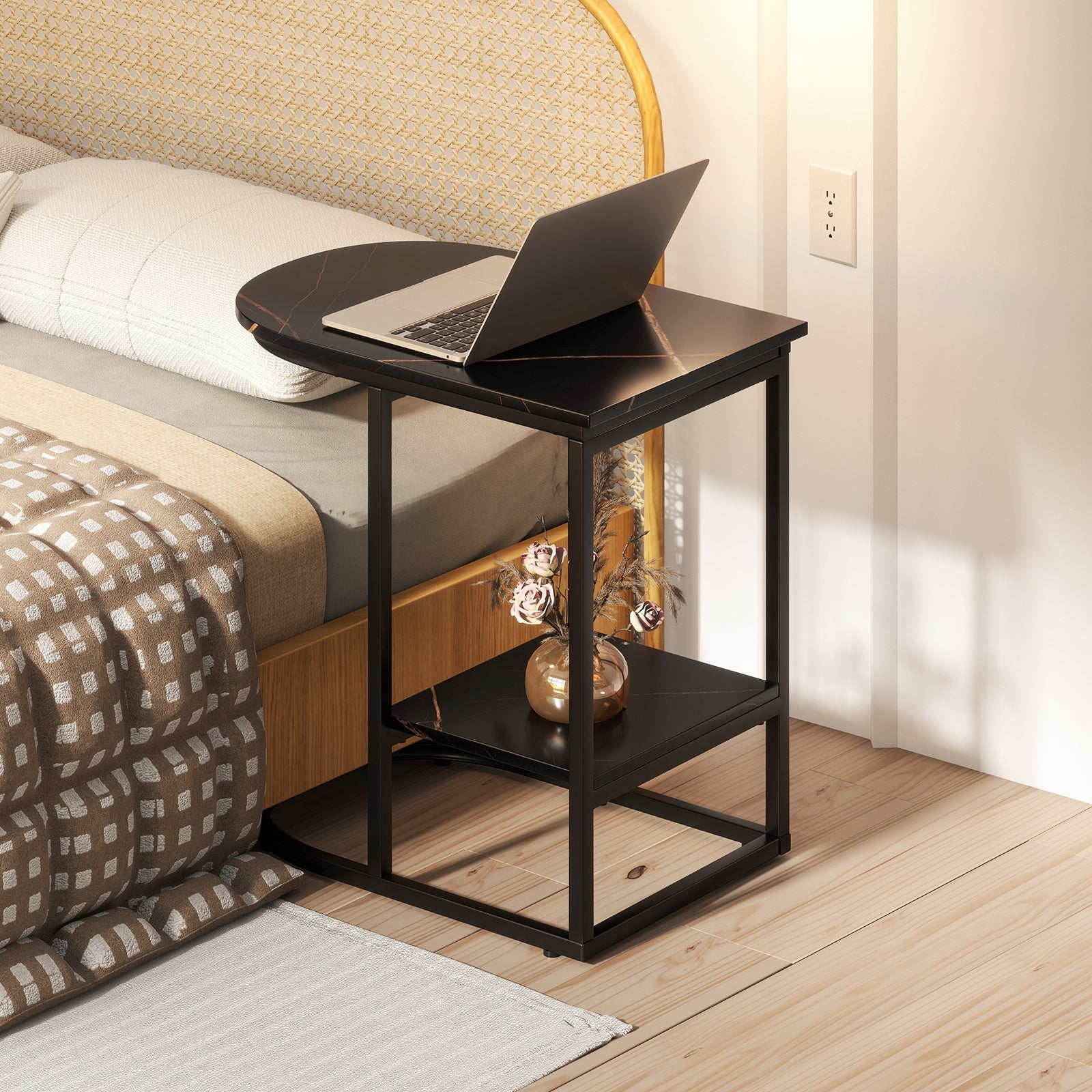 C-shaped Modern Sofa Side Table with Faux Marble Tabletop and Storage Shelf-Black