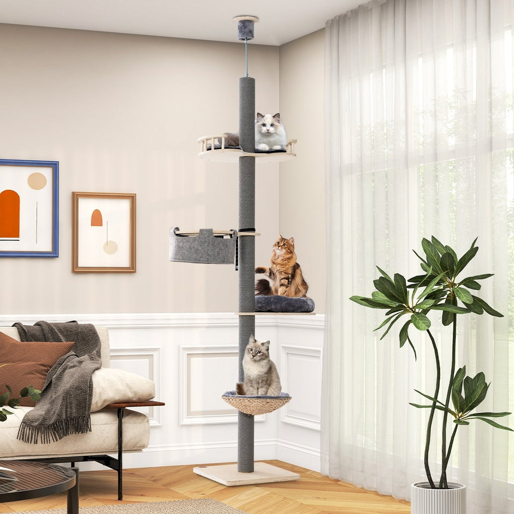 Floor to Ceiling Cat Tree with 93 Inch-107 Inch Adjustable Height-Gray