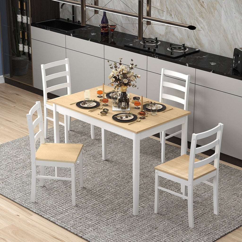 5-Piece Wooden Dining Set with Rectangular Table and 4 Chairs-Coffee and White