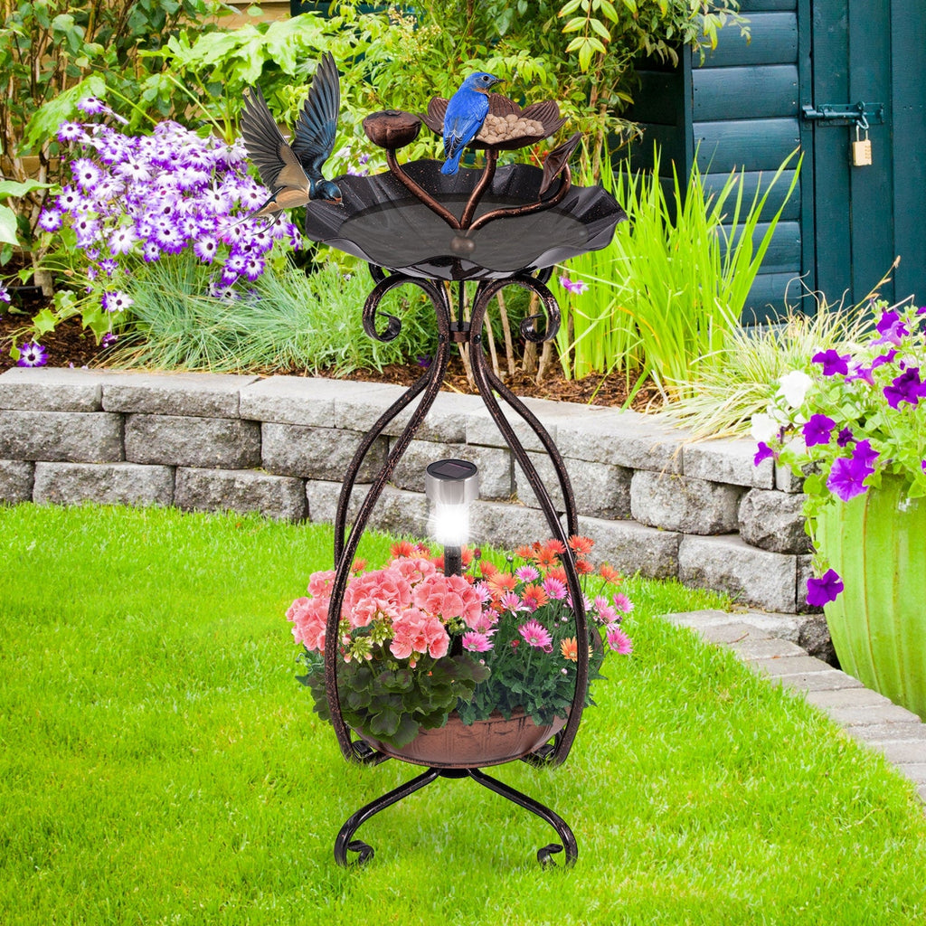 Solar Outdoor Bird Bath Feeder Combo with Flower Planter Pedestal and Solar Lights-Bronze