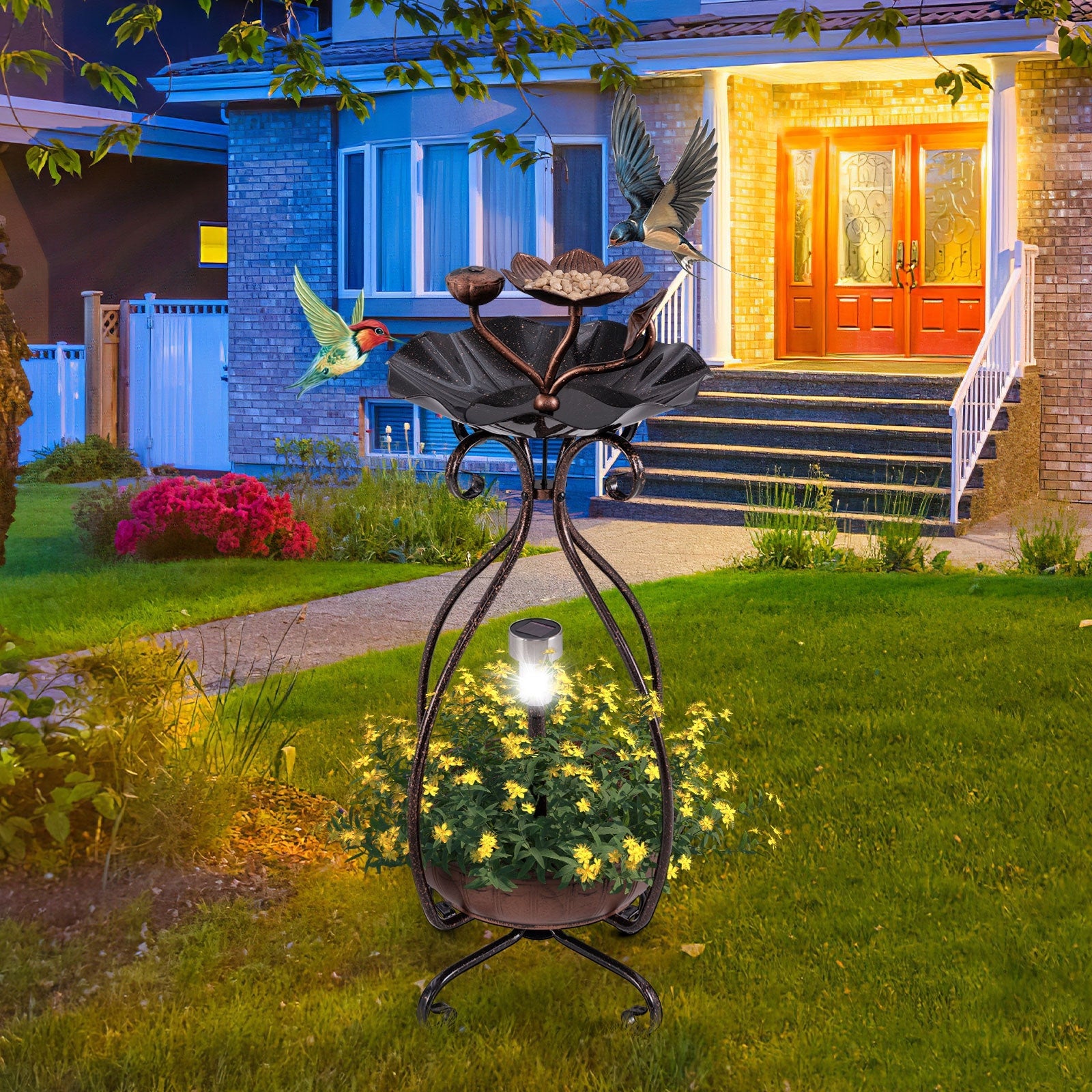 Solar Outdoor Bird Bath Feeder Combo with Flower Planter Pedestal and Solar Lights-Bronze